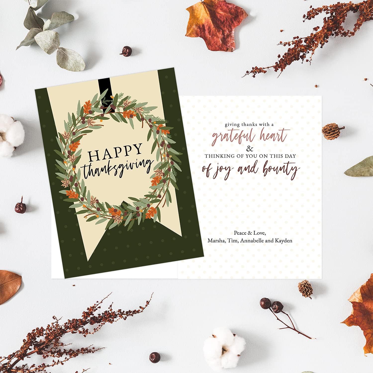 Canopy Street Modern Farmhouse Personalized Thanksgiving Note Cards / 24 Rustic Autumn Foliage Wreath Business Or Personal Greeting Cards/Customized Illustrated Leaf Wreath Fall Design