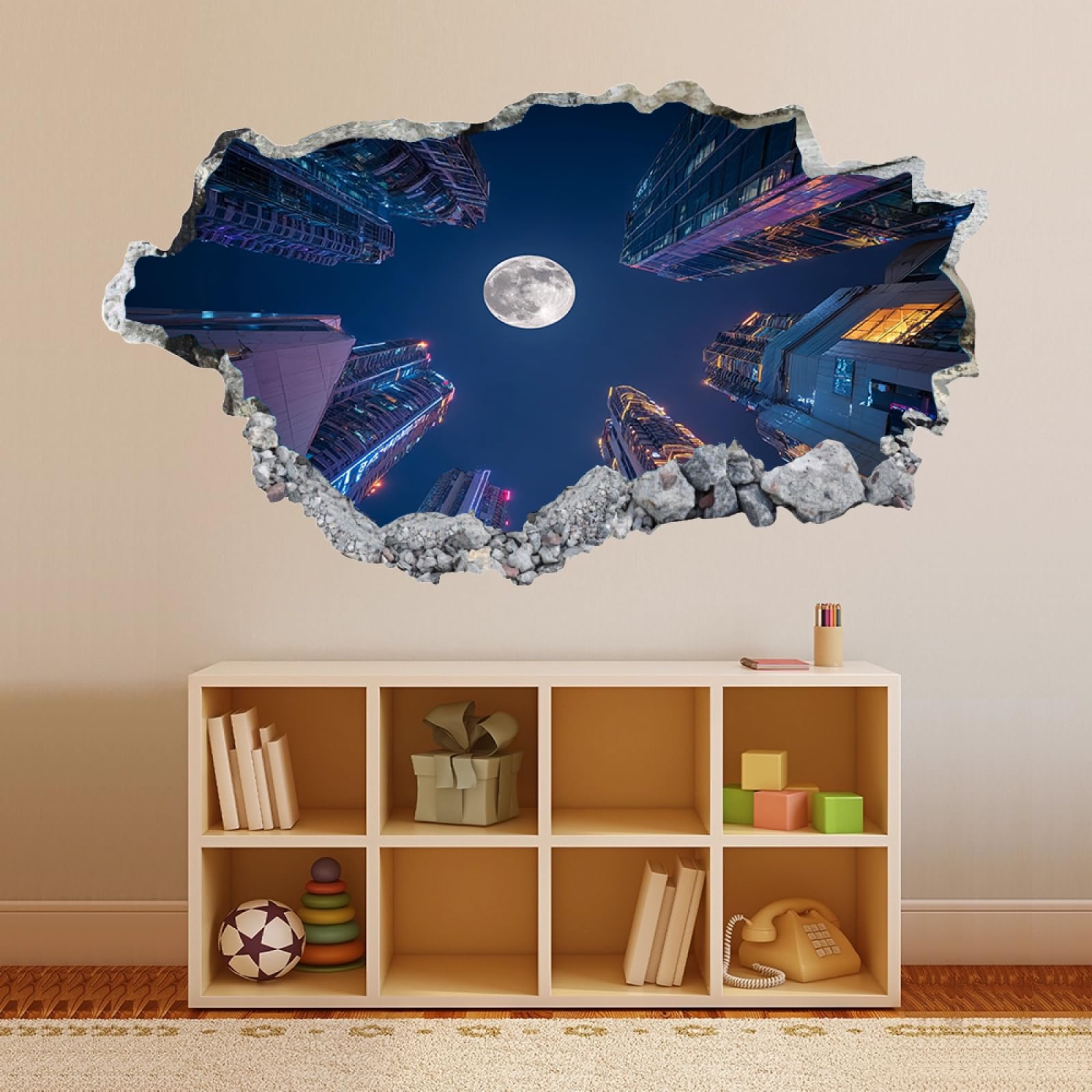 Calcomanía de pared 3D Horizonte De La Ciudad De La Luna Vinilos Decorativos Impermeable Tatuaje de pared para dormitorio de niños, sala de estar, decoración del hogar 70x122cm