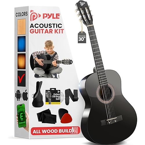 Pyle Beginner Acoustic Guitar Kit, 1/4 Junior Size All Wood Instrument for Kids, Adults, 30" Black Matte
