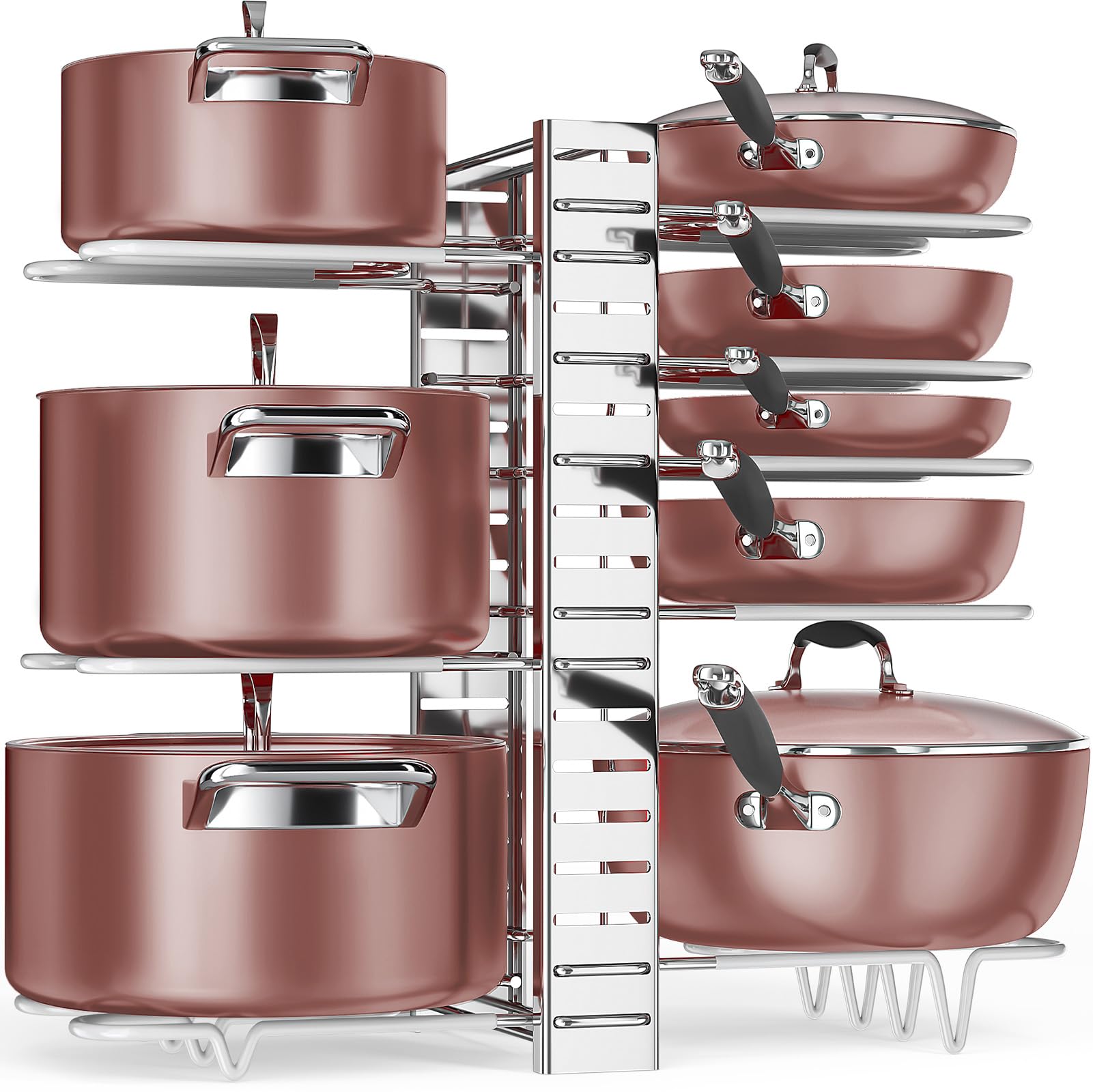 MUDEELA Pots and Pans Organizer under Cabinet, 8-Tier Pot Organizers Rack for Kitchen Organization and Storage, Adjustable Pan Organizers and Storage with 3 DIY Methods