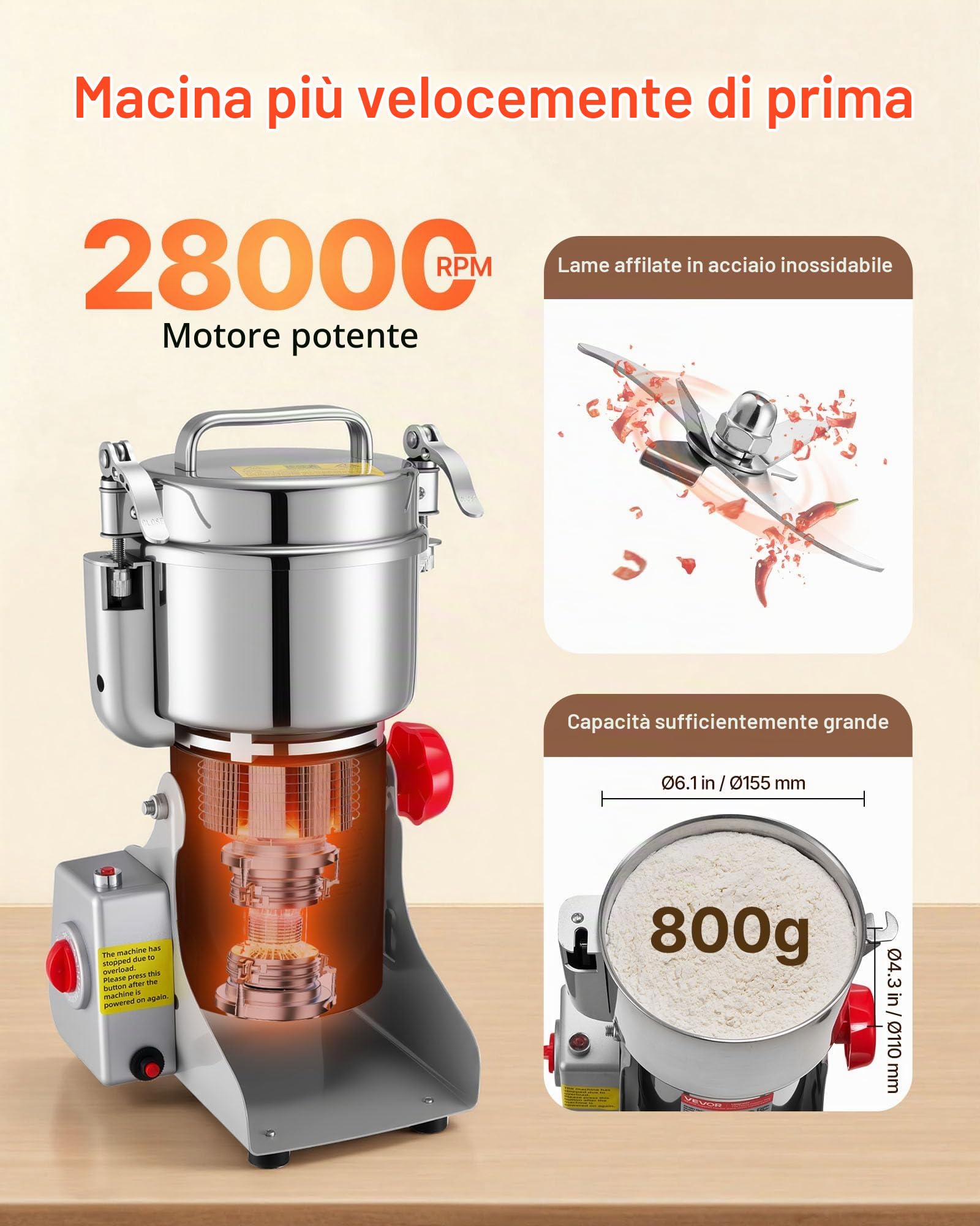 VEVOR Macina Spezie Elettrico Commerciale da 800 g, Polverizzatore in Acciaio Inossidabile ad Alta velocità da 2100 W, per Cereali Secchi, Spezie, Cereali, Caffè, Mais e Pepe, Tipo Oscillante