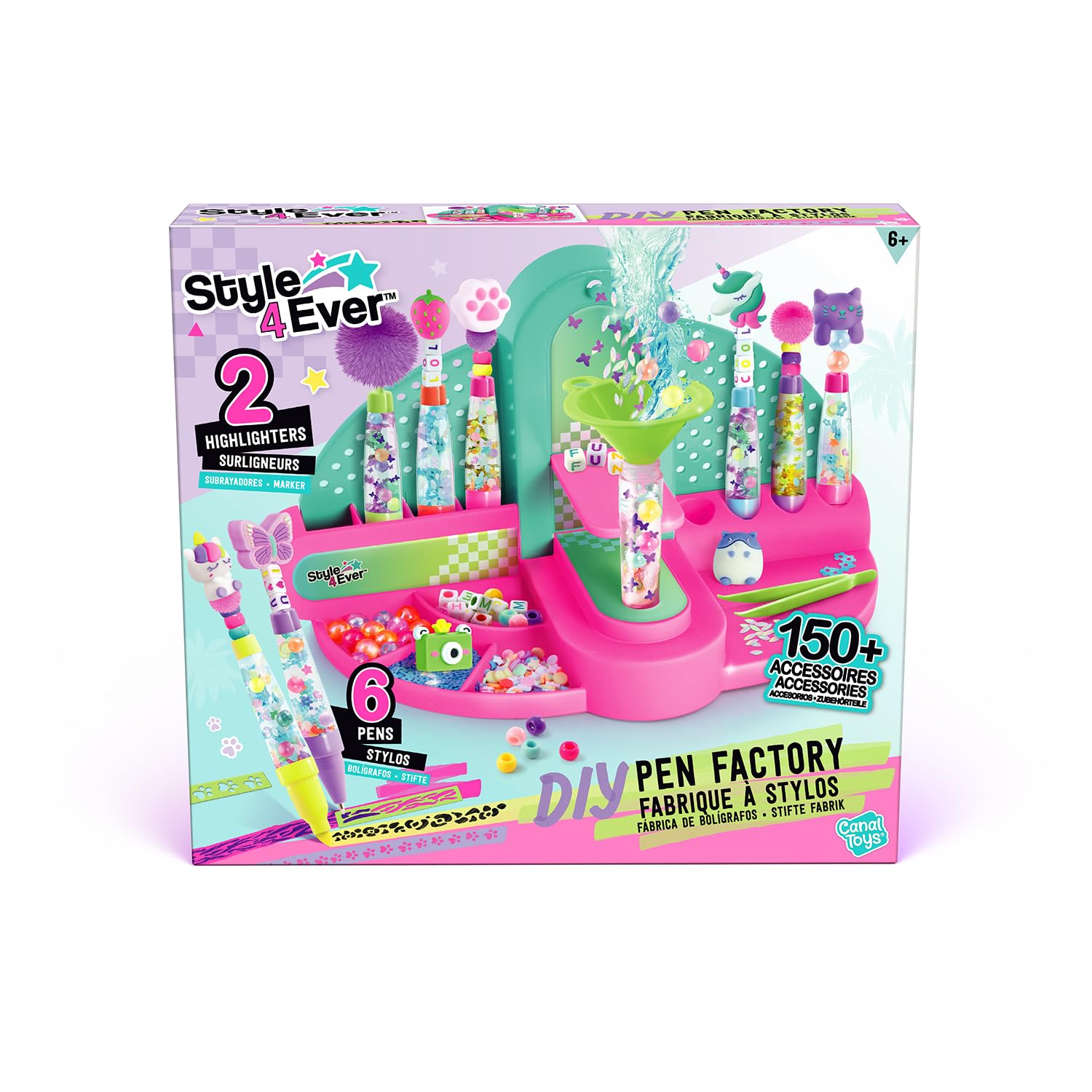 Canal Toys - Style 4 Ever DIY Pen Factory – Kit Creativo per Creare Penne ed Evidenziatori – 6 Penne + 2 Highlighter – 150+ Accessori, Perline, Glitter, Sticker – Set Cancelleria Bambini 6+ OFG 306