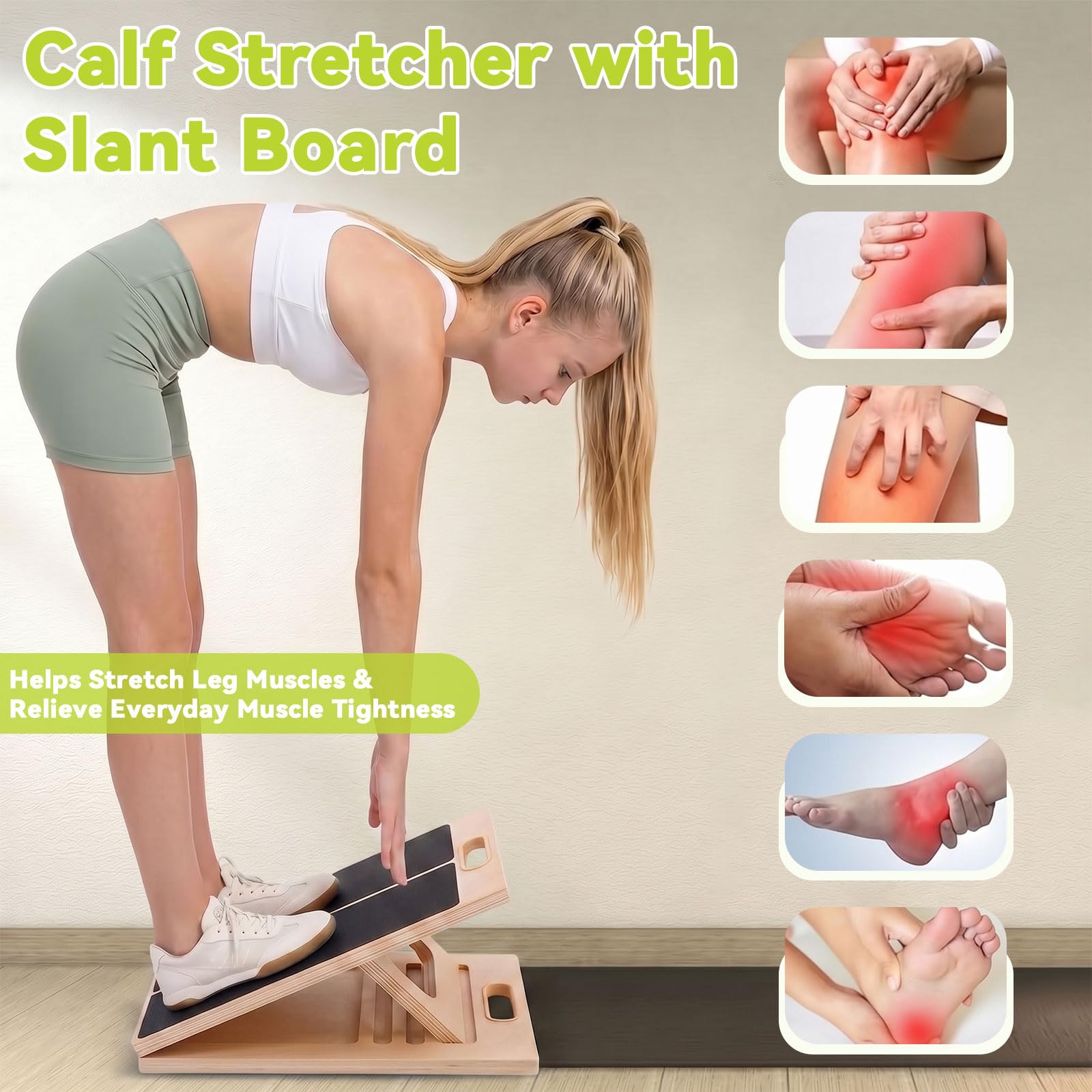 Tavola Inclinata Regolabile in Legno per Allungamento del Polpaccio, Slant Board con Maniglia, per Stretching, Squat, Tallone, Caviglia