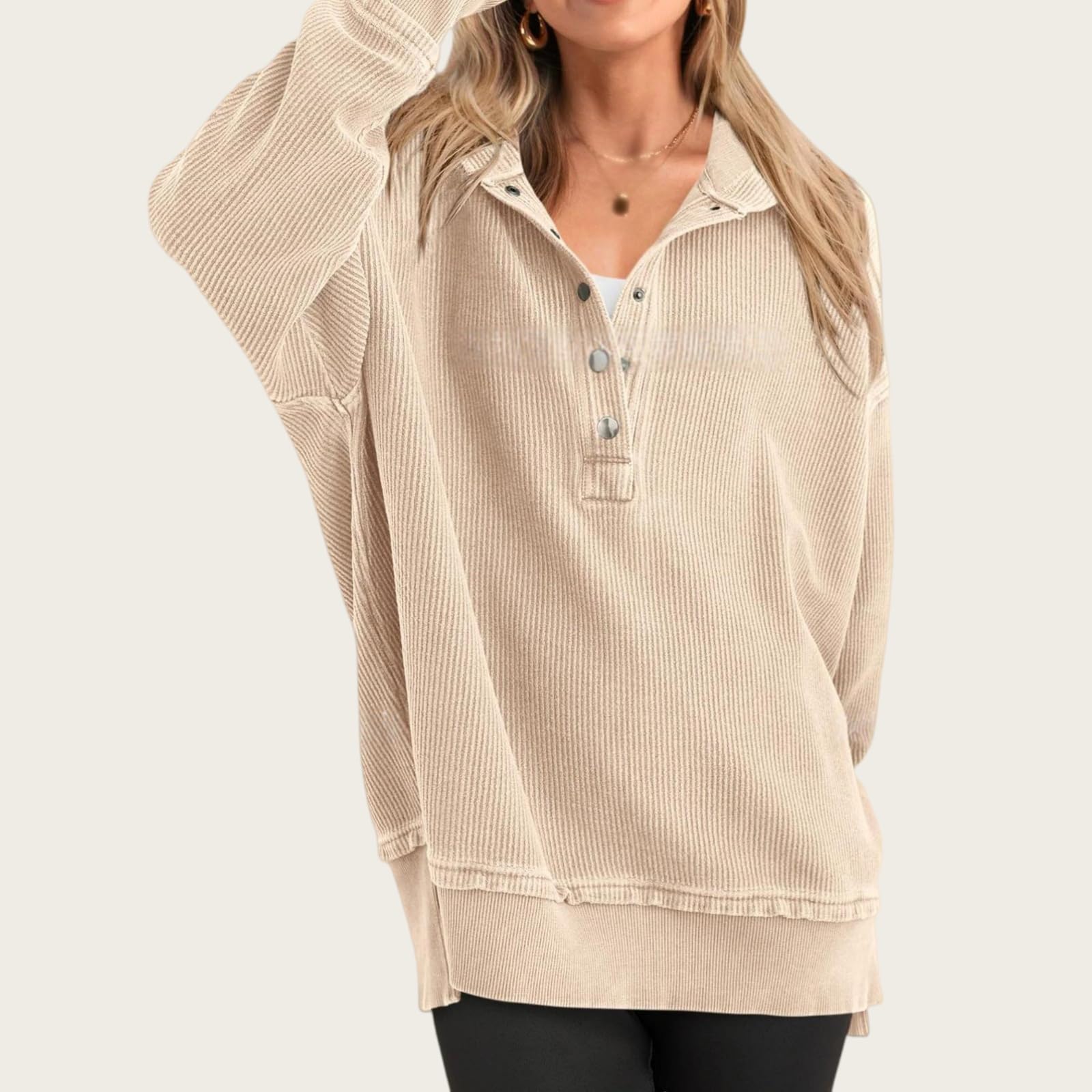 Damska bluza z kapturem, luźny krój, dekolt w serek i rozcięcia z boku, odzież na co dzień na jesień i zimę (Apricot, XL)