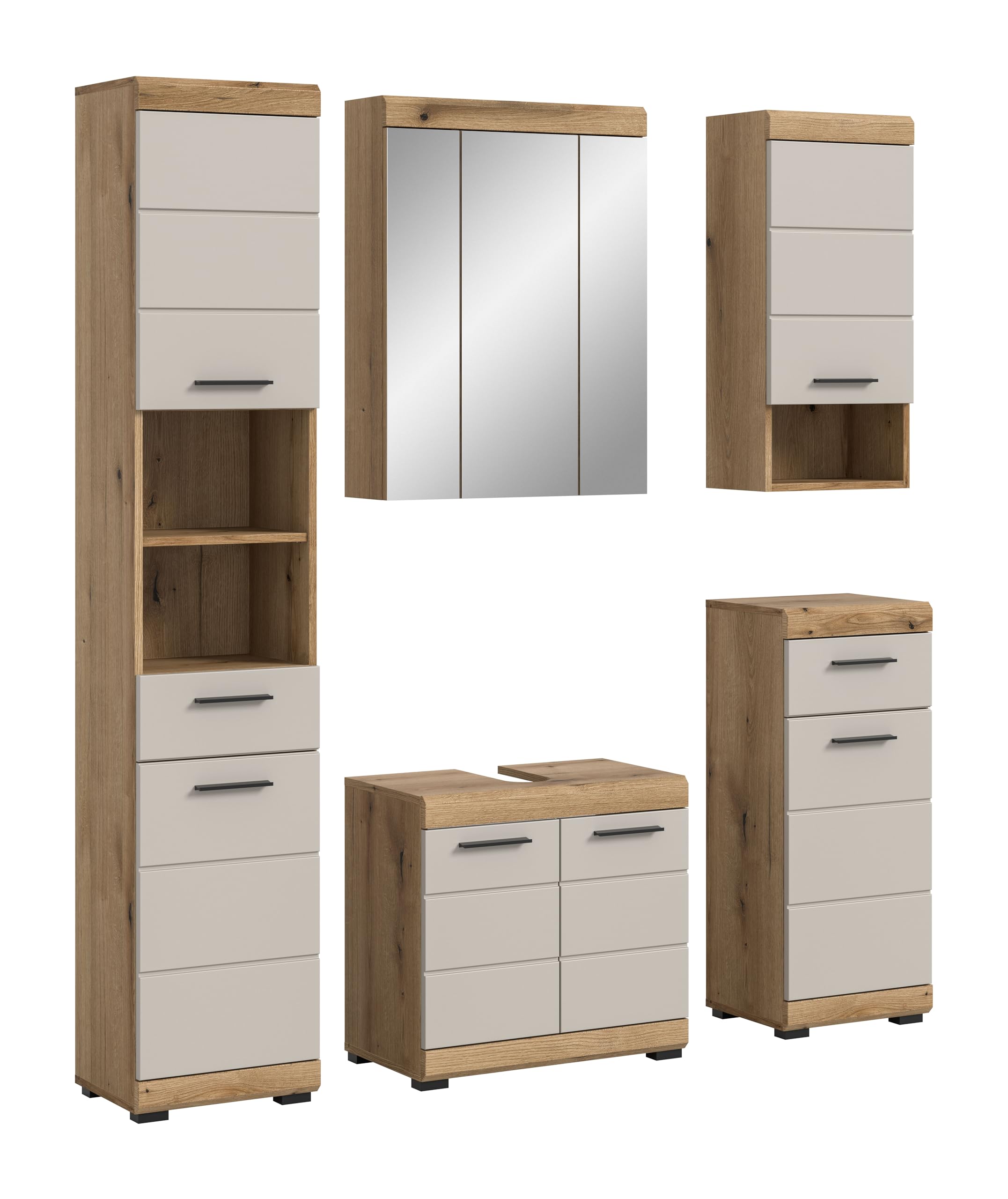 xonox.home – Badkombination Scout 164x191x34 cm in Evoak Oak und Kaschmir Nachbildung matt – Breites Badmöbel-Set mit klarer Formensprache – modern, robust & durchdacht