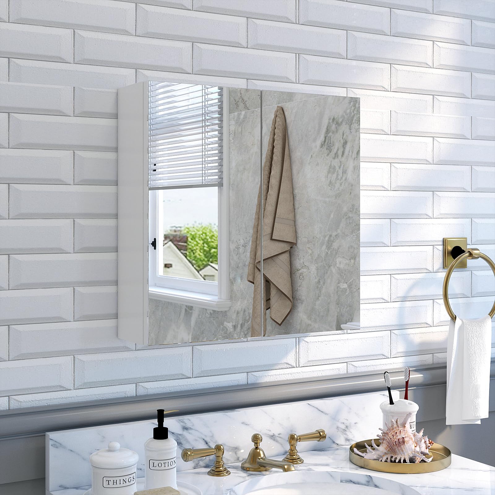Mondeer Armario de Pared con Espejo de baño, Armario de Almacenamiento con 2 Puertas y 2 estantes, de Madera, Estilo Moderno, para baño, 45 x 13 x 45 cm, Color Blanco