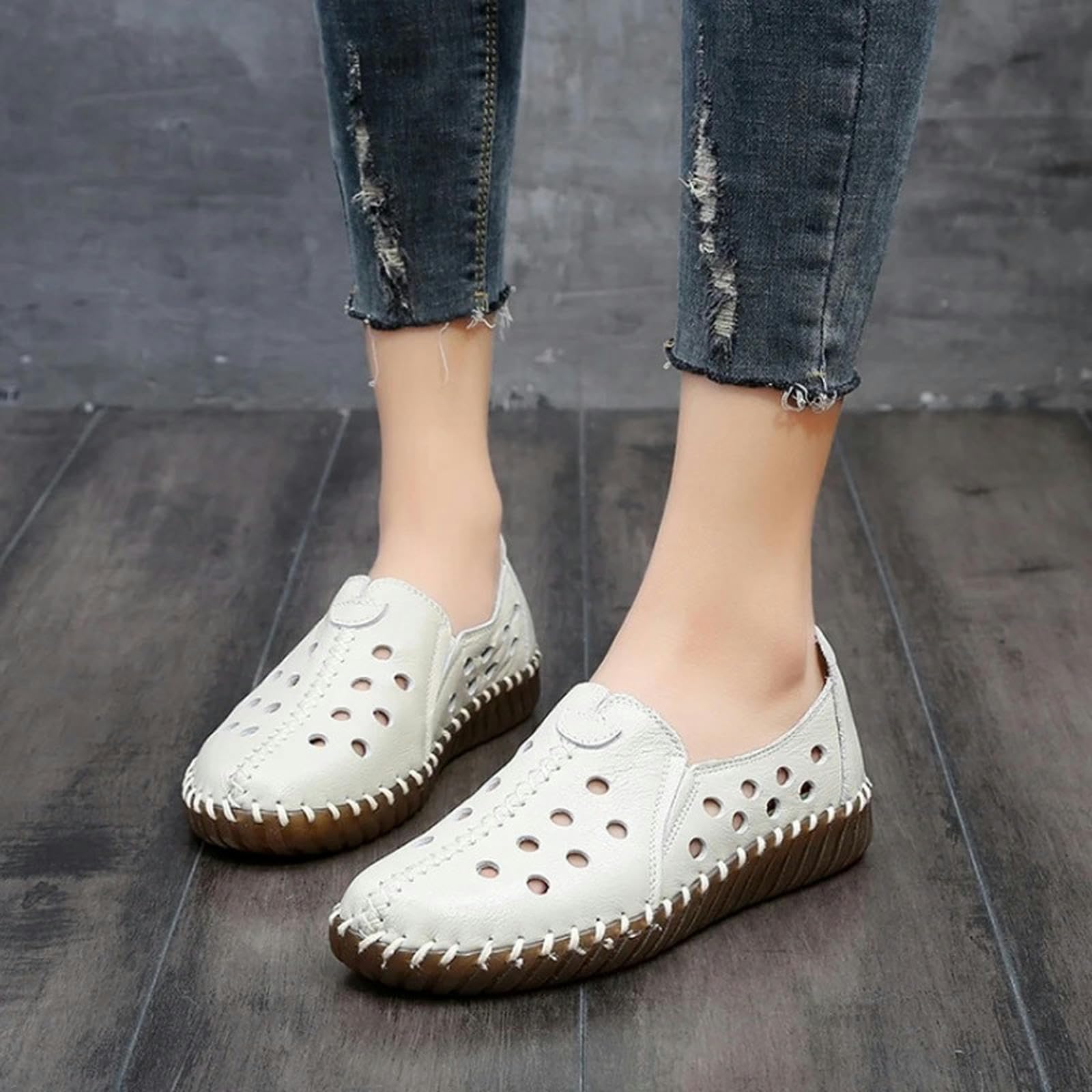 Chaussures Mocassins Blanches Femme En Cuir Véritable - Modèle Large Confortable