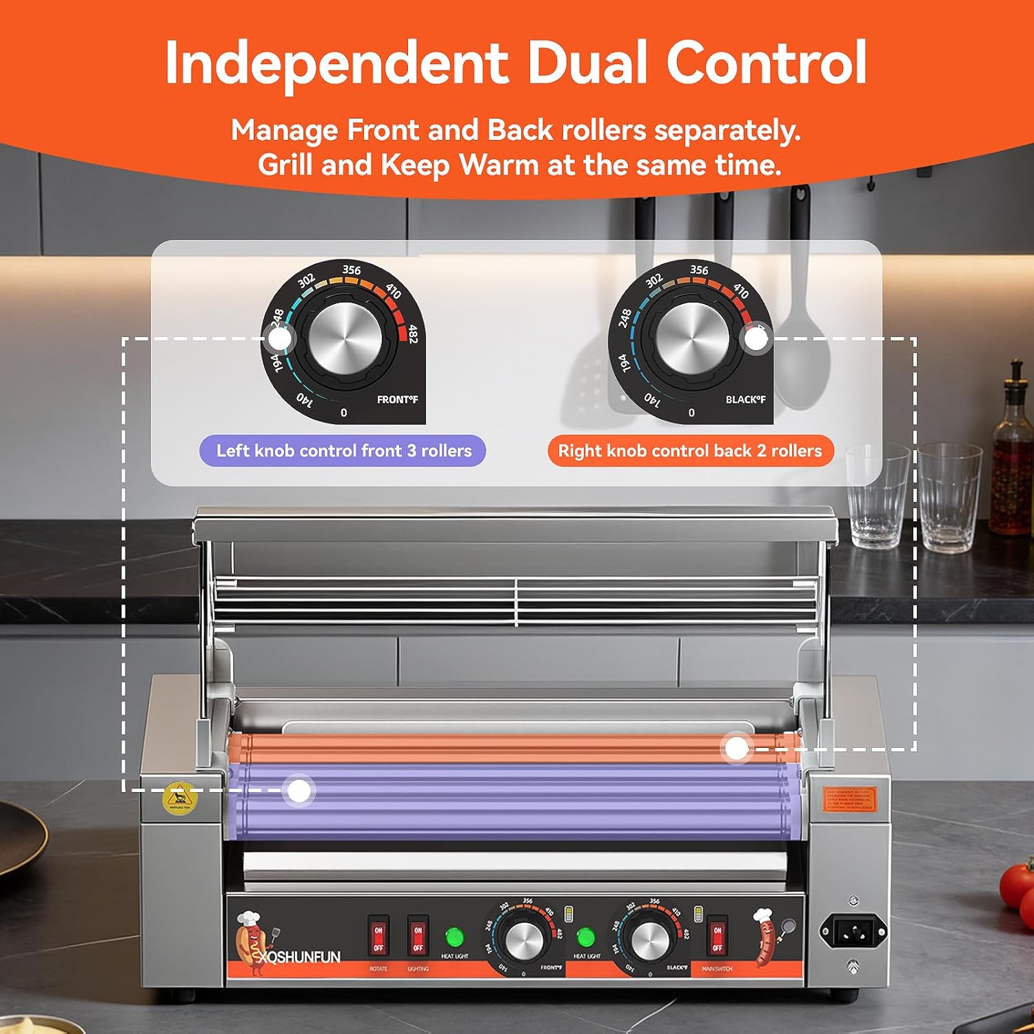 5-Roller Commercial Hot Dog Roller Machine, Sausage Grill with Glass Hood, Front Door & Warming Rack, Chain-Driven, 304 SS Rollers, 110V
