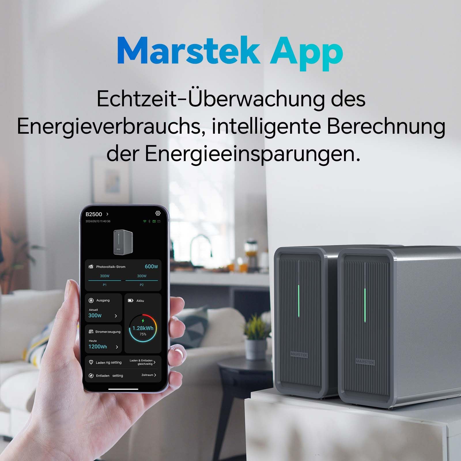 Marstek B2500 Balkonkraftwerk mit Speicher 2026 Updated,2240Wh LiFePO4 Akku,2 MPPT, 1600W PV-Eingang, 800W DC-Ausgang,Erweiterbar auf 8,96kWh, Plug & Play,0% MwSt