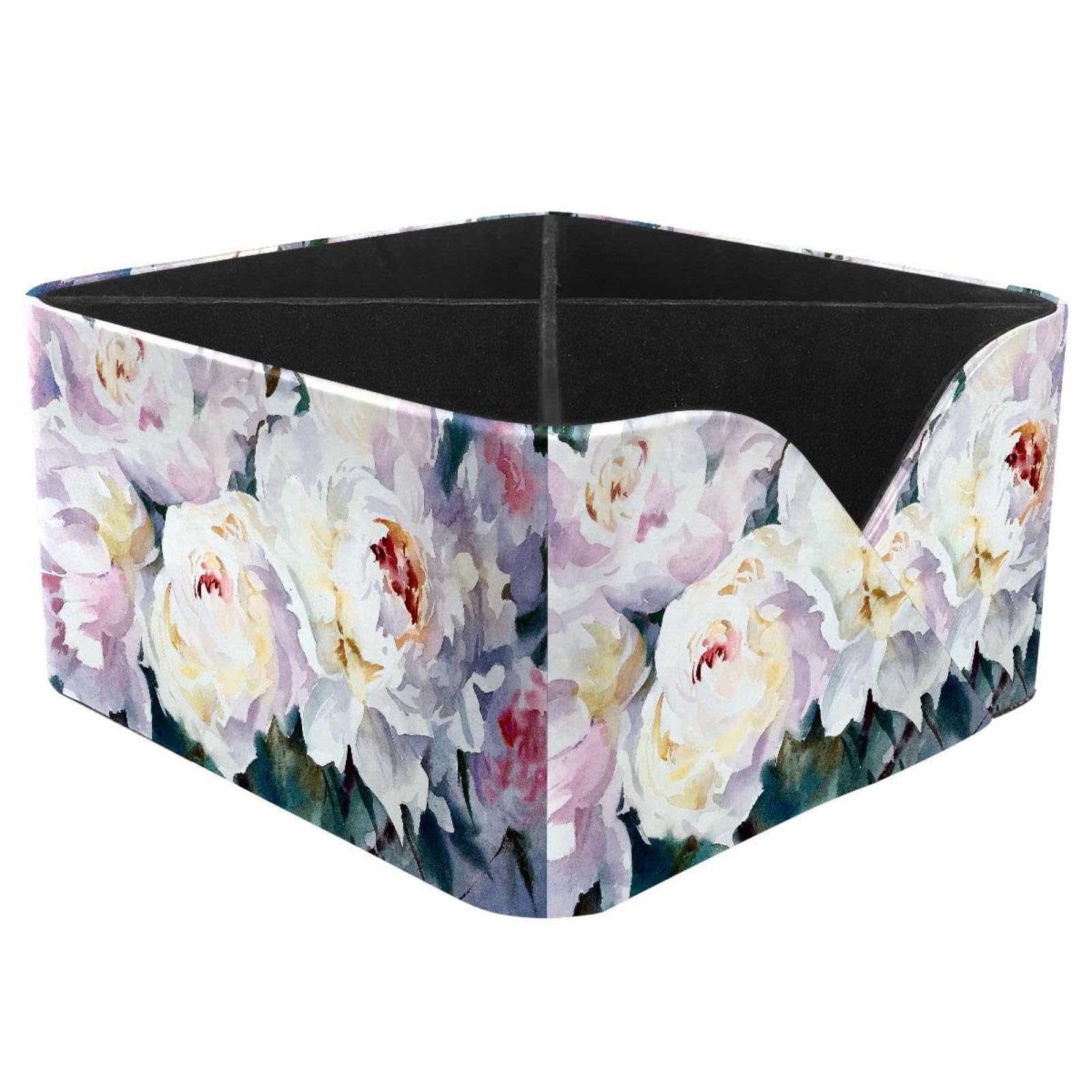 KengjuTesu Peony Flowers Desktop Organizer Pen Holder, Rectangular Pencil Cup for Office, Study and Makeup Stations