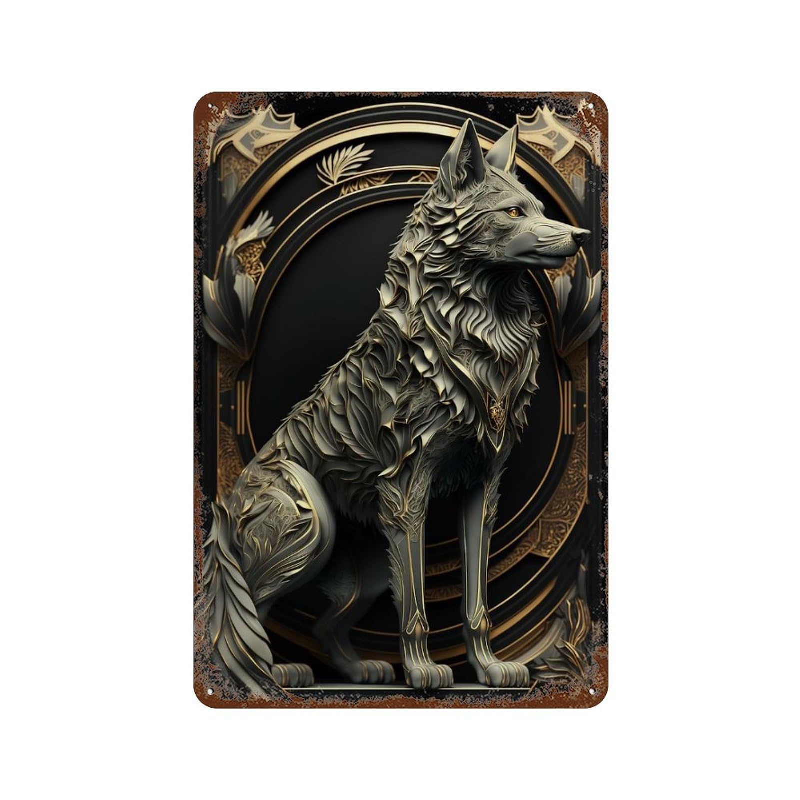 Garage Style Golden King Wolf Throne Aged Metal Wall Plaque 11.8"x7.9", Novelty Wall Decor for Bar And Workshop