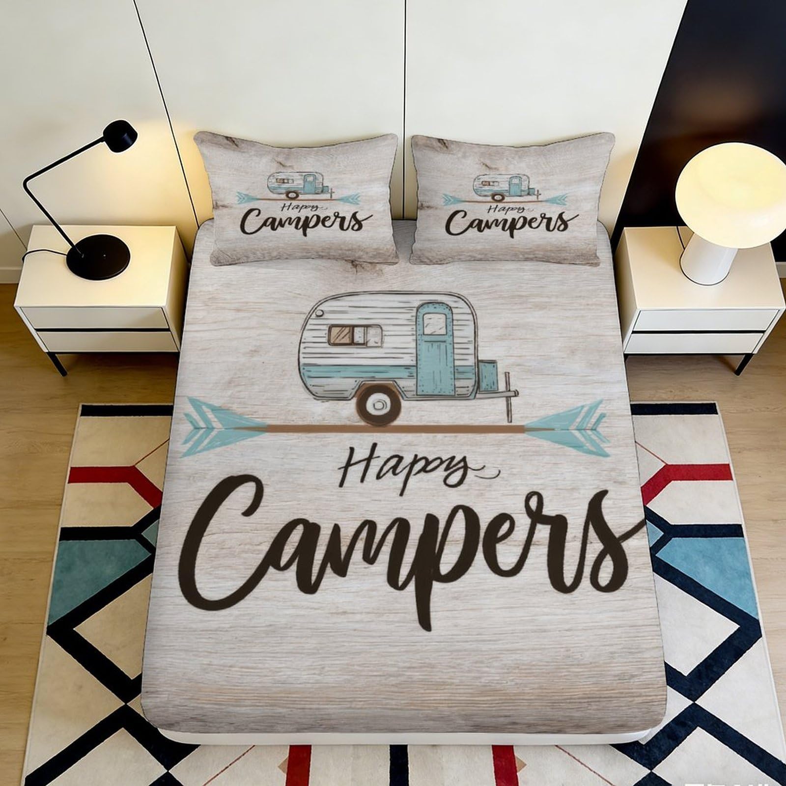 3D Printed Happy Campers Fitted Sheet Microfiber Soft Breathable Caravan Bed Cover for Bedroom Guest Room Dorm Decor 90x200x25cm