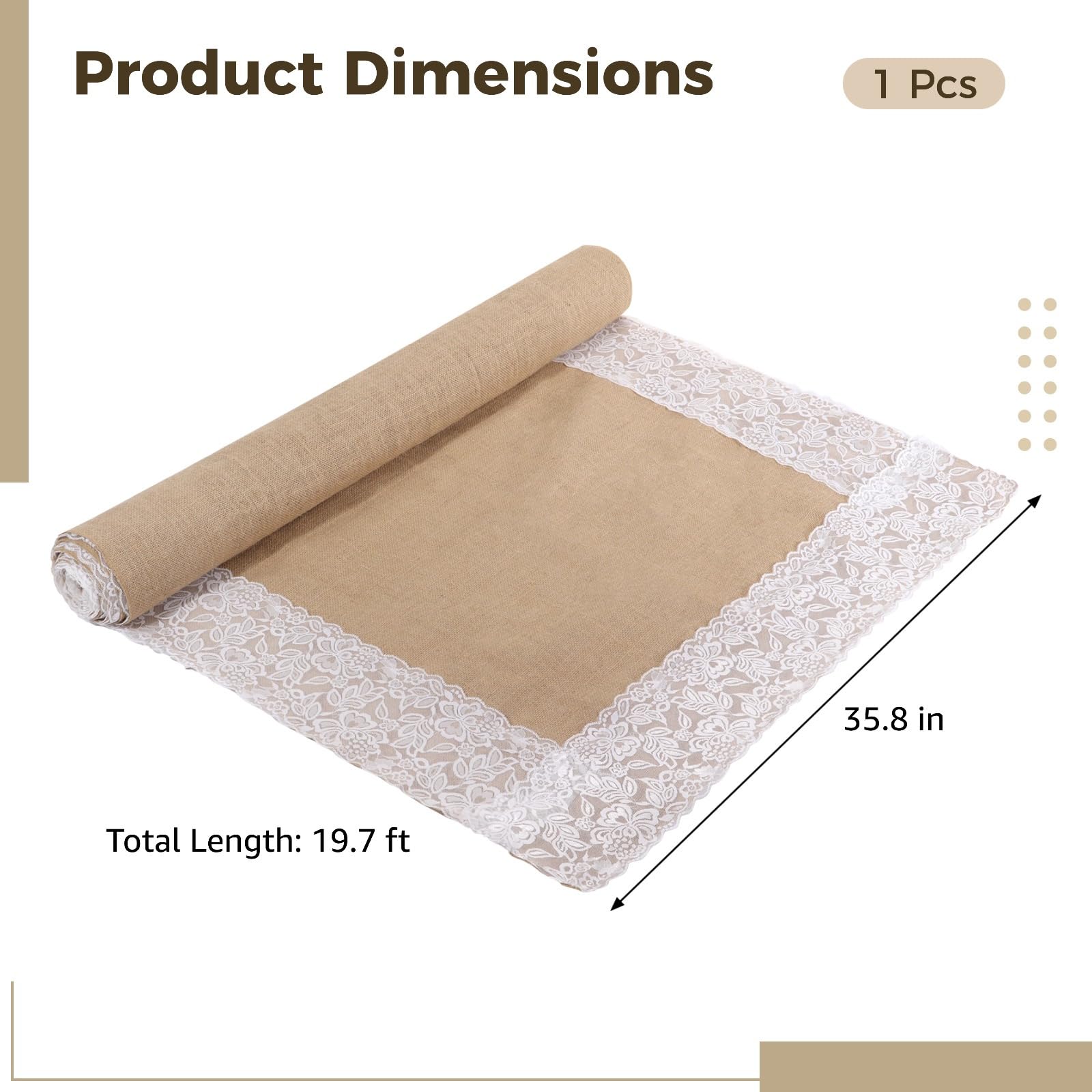 Chemin d'allée en toile de jute naturelle avec dentelle, 90,9 cm x 6 m, chemin de couloir rustique pour mariage et fête pour événements en plein air, tapis de couloir en toile de jute marron