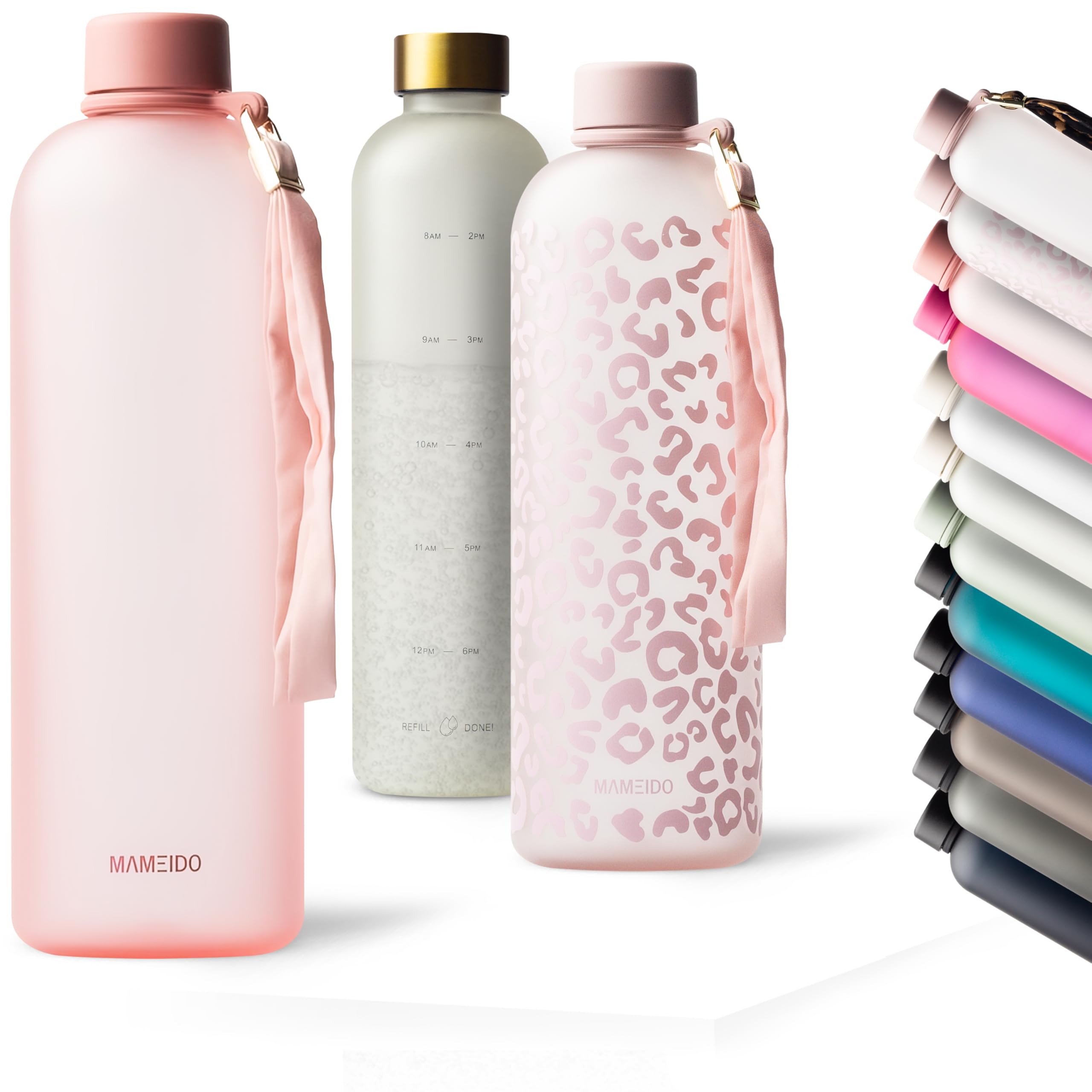 MAMEIDO Trinkflasche mit Zeitmarkierung 1,5 l Kohlensäure geeignet, auslaufsichere Water Bottle, Wasserflasche BPA frei für Sport, Gym & Büro (Flamingo)