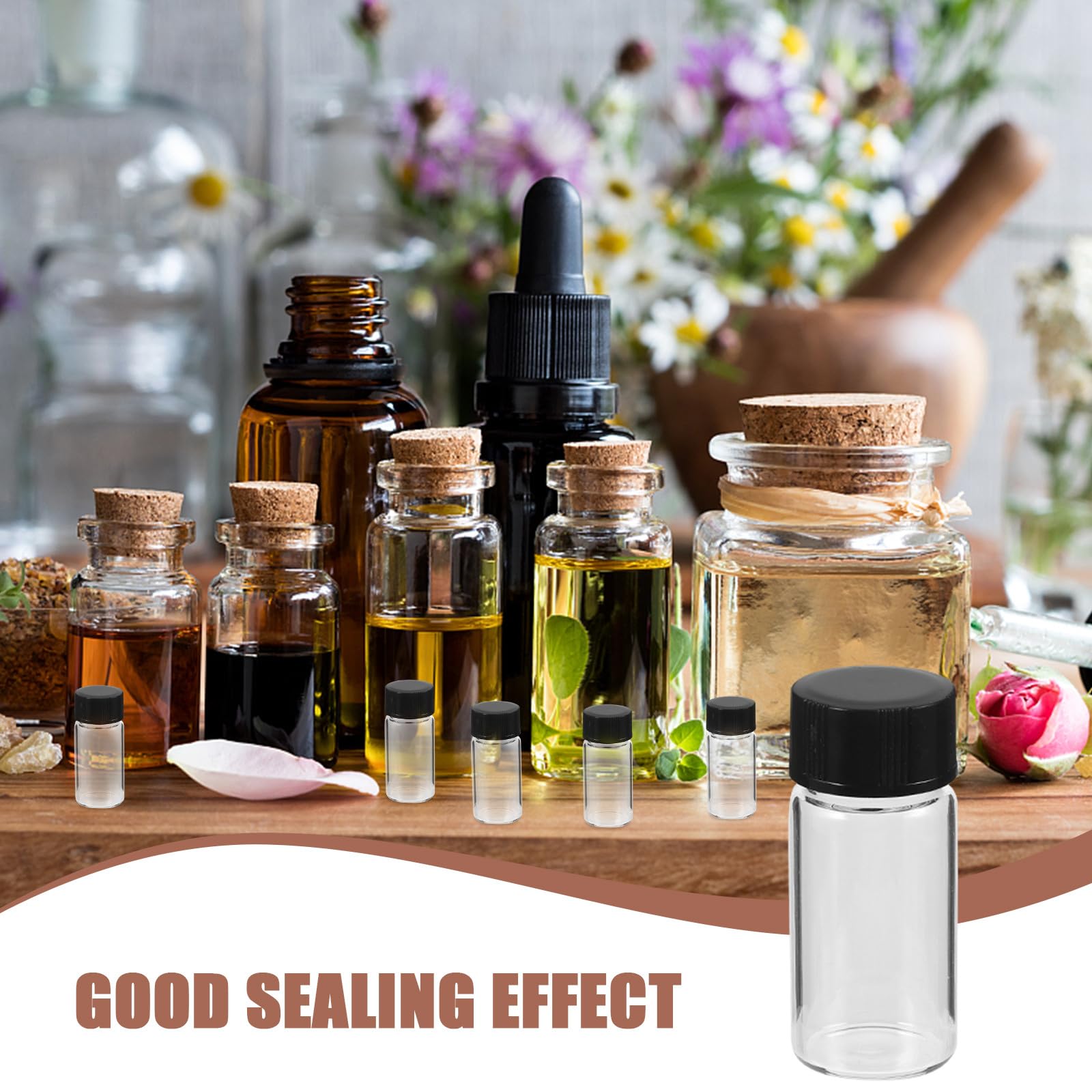 Muestra de Vidrio Transparente de 5ml, 100 Unidades | Fondo Plano, Tapa Roscada Negra, Paquete de 100 Piezas, Formato Compacto para Laboratorio