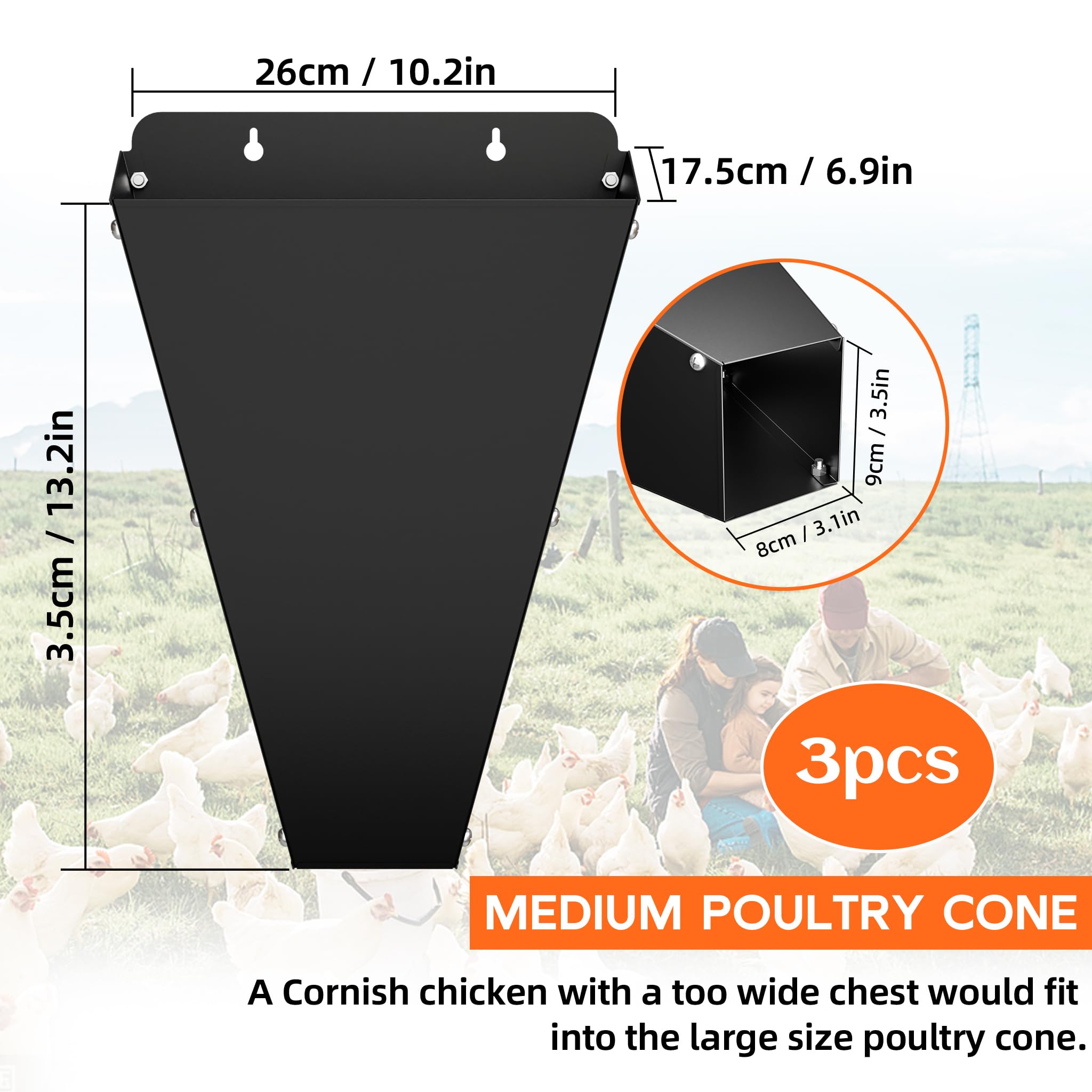 Cono de pollo de tamaño mediano, 3 paquetes de cono de retención de aves de corral de metal resistente con diseño de espalda plana, equipo de procesamiento de pollo para pollos de engorde, gallinas