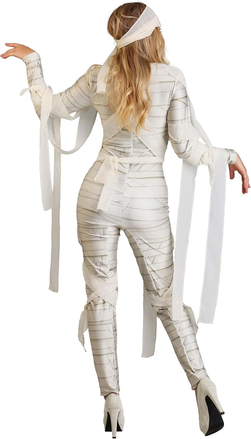 Women's Classic Mummy Halloween Costume Jumpsuit with Draping Fabric & Headwrap - Image 3