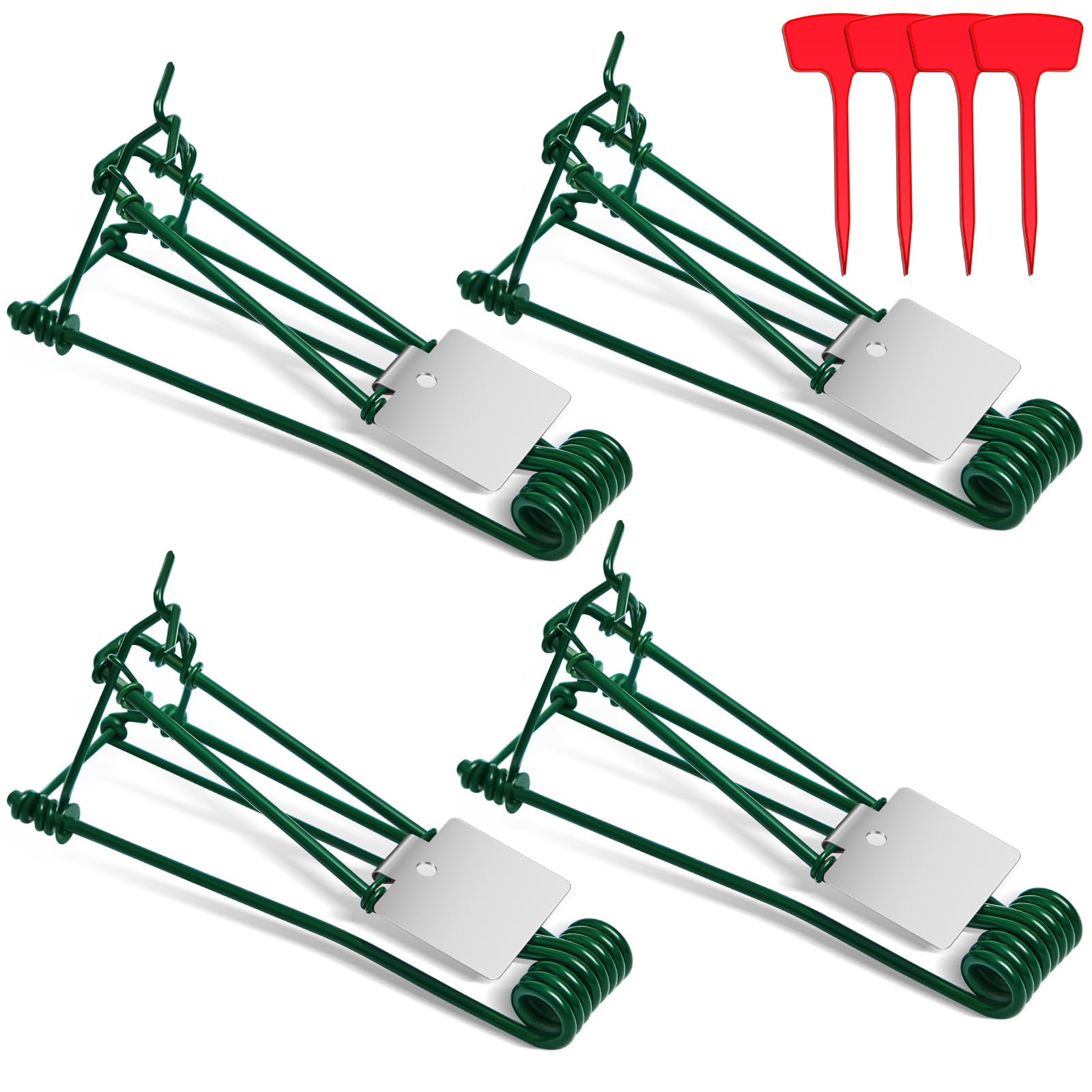 Qualirey 4 Pcs Outdoor Gopher Trap Easy to Set Mole Trap Bulk Weather Resistant Gopher Killer Vole with Red T Type Labels for Lawn Garden Farm Grass