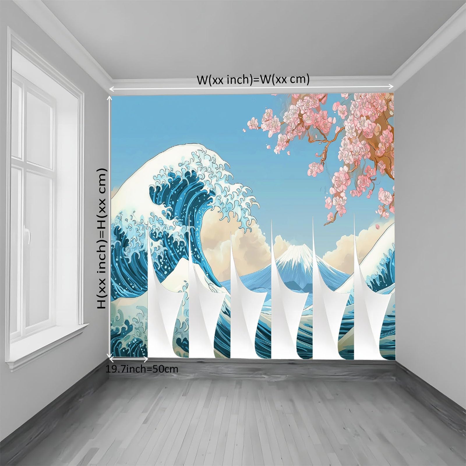 Tapeta samoprzylepna na ścianę w stylu japońskim, 400 x 280 cm granatowa tapeta z kreskówkowym kwiatem wiśni góra Fuji druk folia samoprzylepna do mebli do sypialni salonu łazienki kuchni