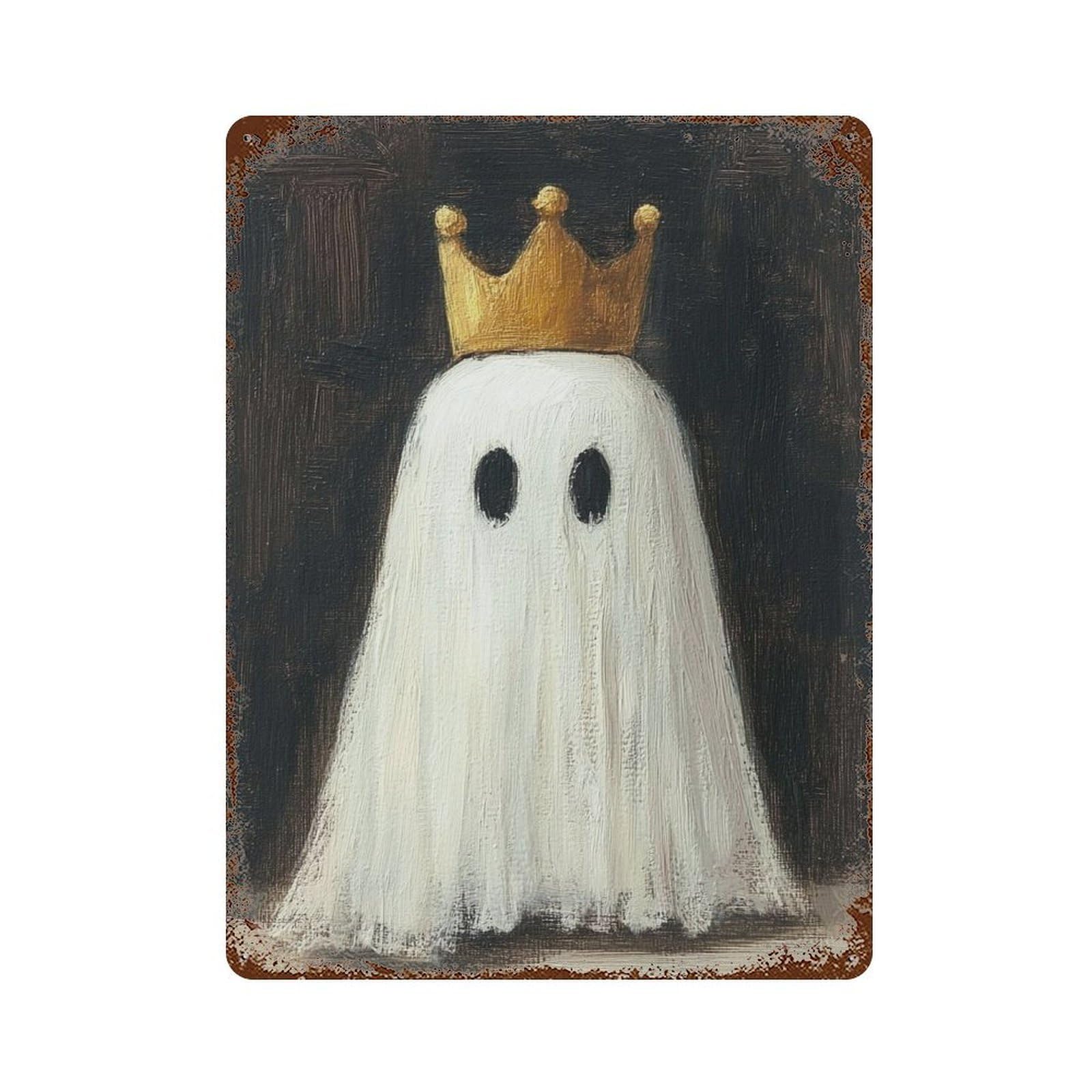 Crowned Ghost Halloween Art Print Rusty Metal Tin Sign 15.7"x11.8", Vintage Wall Decor for Garage, Pub Or Kitchen
