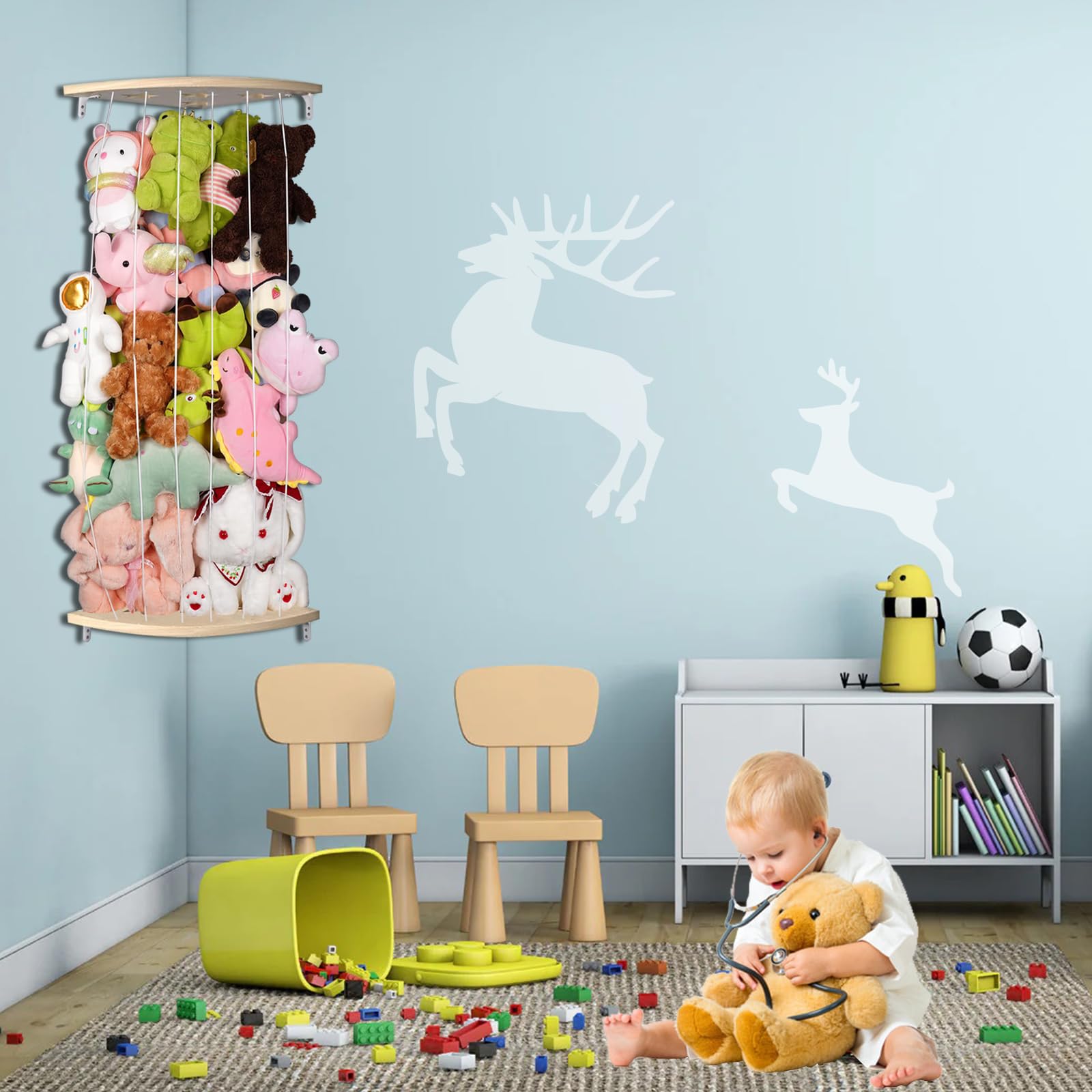 GUIGUZI Kuscheltier Aufbewahrung Organizer, Holz Eck Stofftier Regal, Kinderzimmer Hängend Spielzeug Organizer für Plüschtiere und Teddybären