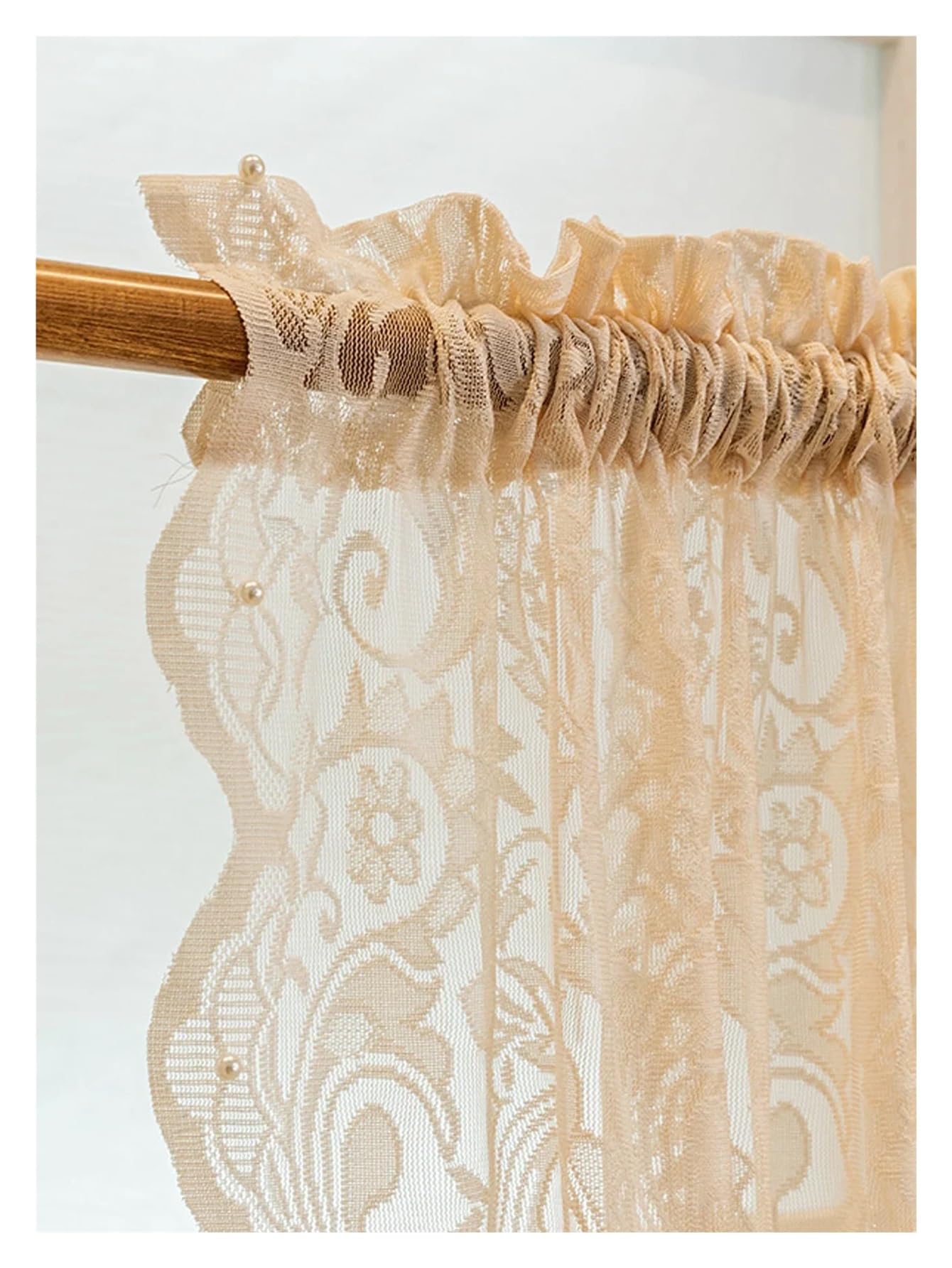 BGHYJKOL Lace Curtains 1 Panel Living Room Screen Window Curtain Rural Romantic Shading Lace Bead Bedroom(W140-H220CM)