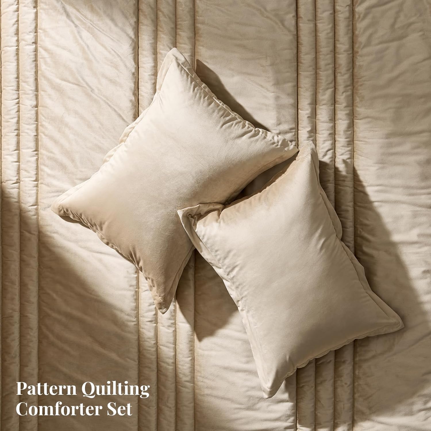 MUSSEL Bedding Comforter Set Queen Size 3 Pieces-Neutral Beige Champagne Striped Lightweight Bedroom Comforter Queen Size,Soft Velvet Bed Set for All Seasons with 2 Shams - Image 7