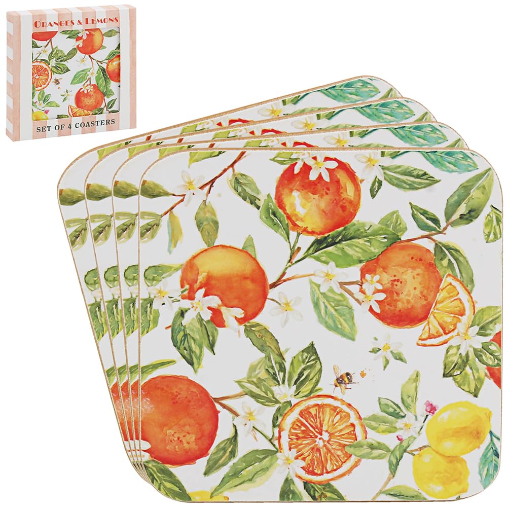 Cork Coasters Set of 4 Oranges and Lemons Citrus Fruit Drink Mats Kitchenware