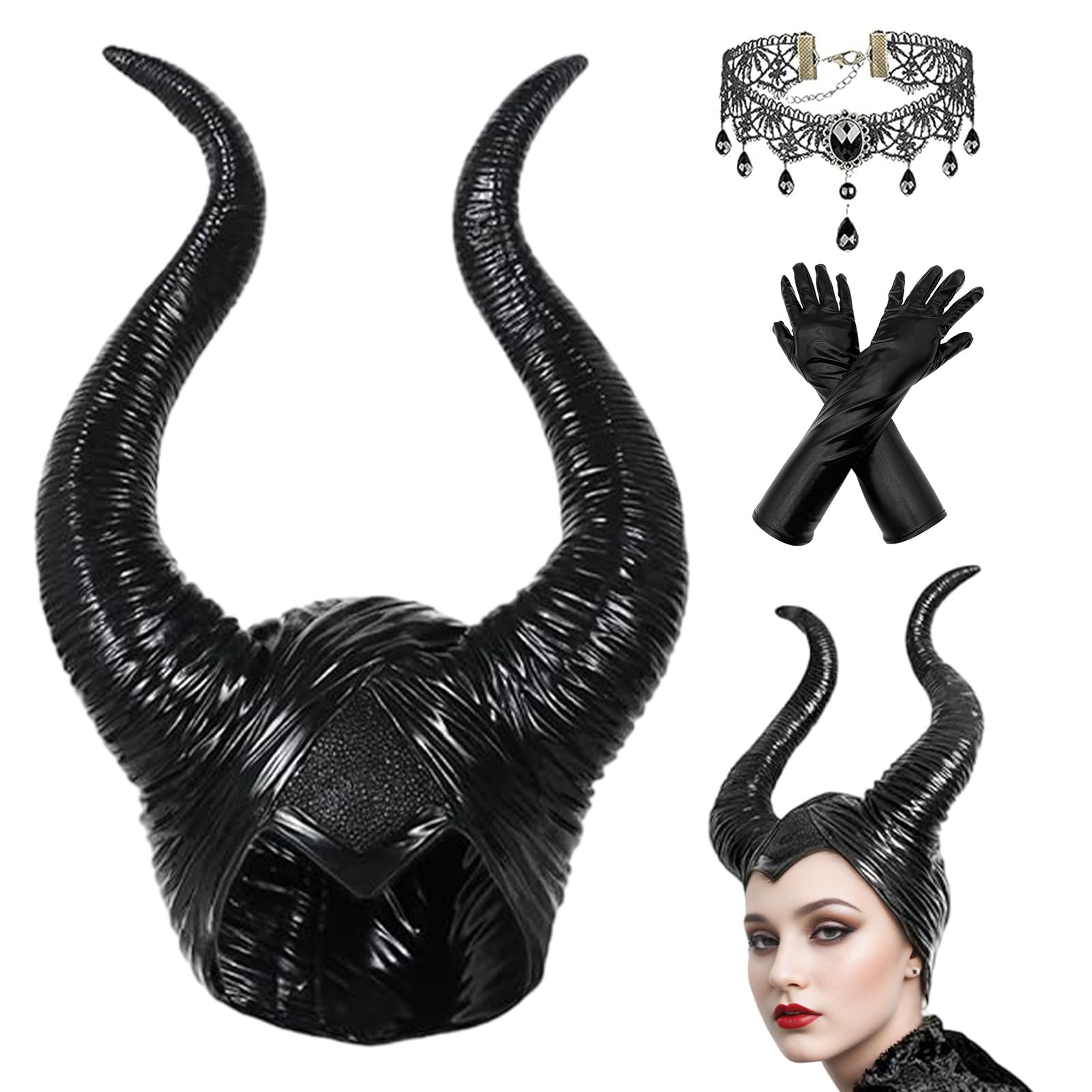 Maleficent Horns Headband Evil Maleficent Headpiece Ornament Vintage Black Lace Gem Necklace for Halloween Cosplay Carnival