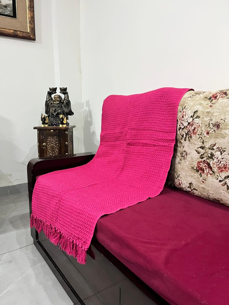 Luxury Knitted Throw Blanket, Soft Textured Waffle Pattern with Decorative Fringe Tassels, Cozy Sofa and Chair Cover for Living Room, Bedroom (Hot Pink)-image-2