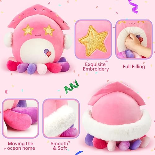 Miniatura 2 de Houwsbaby Almohada de peluche de calamar de fiesta de 12 pulgadas, peluche de pulpo rosa, vida marina del océano, juguetes de animales de peluche de