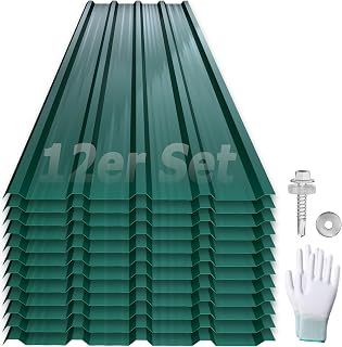 YRHome 12er Dachbleche Trapezblech 129,5x45cm Stahlblech Formblech Platten Dachplatten Wetterfest Wellblechplatten Verzinkter Stahl für Garagen Dach inkl. Schrauben und Handschuhe - Typ A Grün