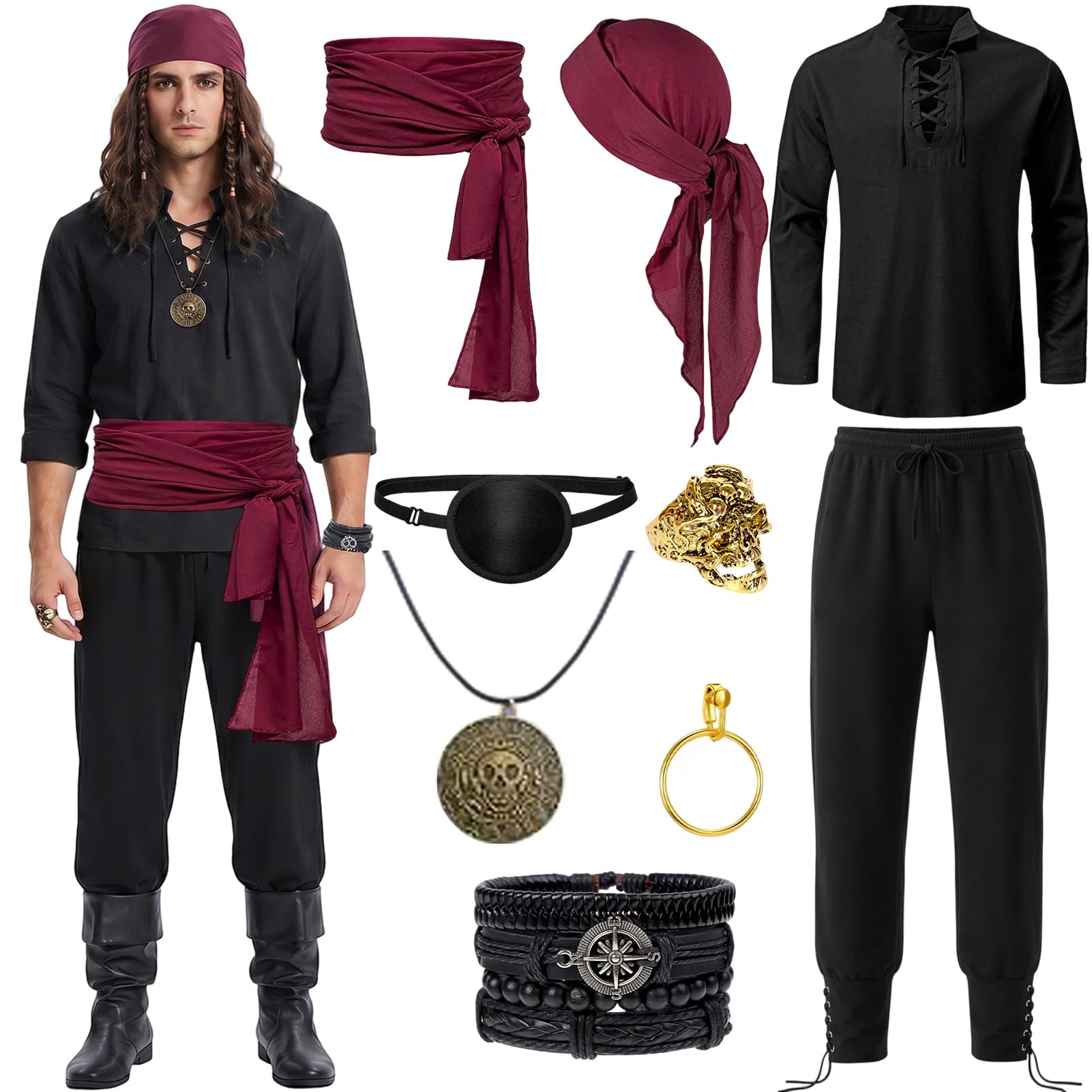 Crittygo Pirate Costume Men Adult, Pirate Outfit Set with Bandana Necklace Eye Patch Ring Bracelet, Pirates Fancy Dress for Halloween Carnival Cosplay Party