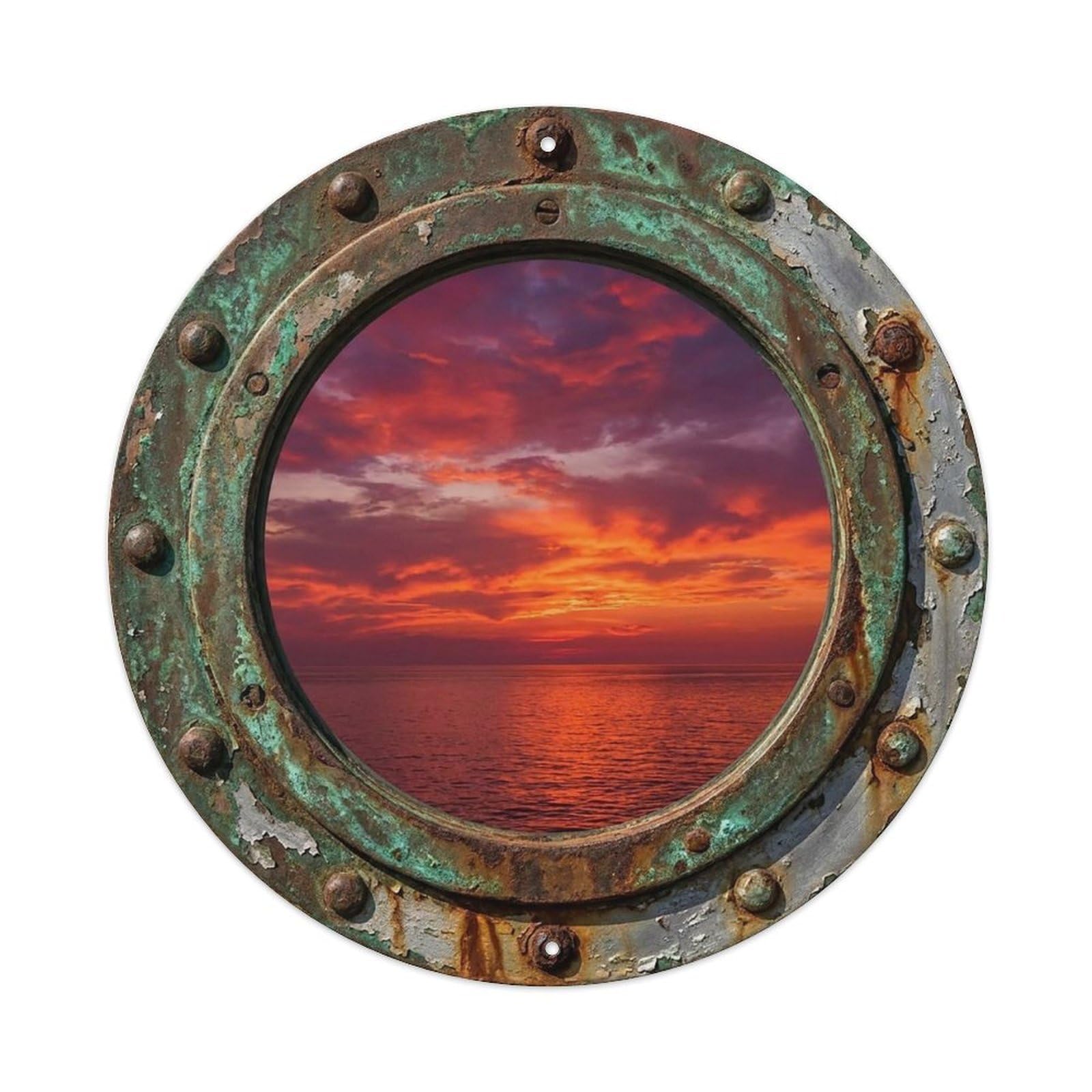 Vintage Porthole Crimson Sunset Nautical Window View Vintage Metal Tin Sign Plaque Wall Decor for Cafe, Club Bar, Office, Garden Metal Poster 8x8Inch