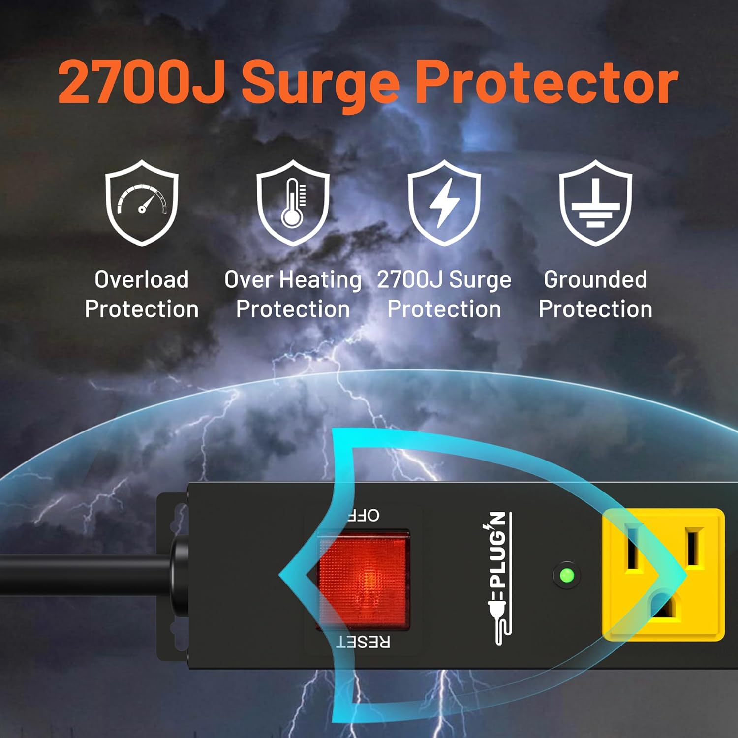 Power Strip 2700J Surge Protector, 6 Outlet Heavy Duty Power Strips with Flat Plug and 6FT Long Cord, Wall Mountable Metal Outlet Strip for Desk, Garage, Workbench and Kitchen