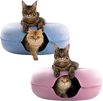 Cattasaurus Duo Jumbo Peekaboo Cat Caves 3 in 1 Cat Tunnel Bed Scratcher for Multiple and Large Cats 15+ lbs Blue & Pink
