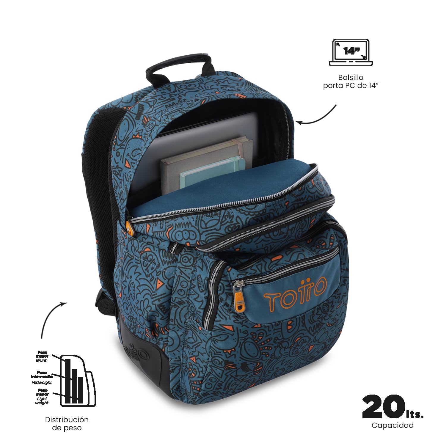 TOTTO - Mochila Escolar Grande, Modelo Rayol, Capacidad 19 L, 3 Compartimentos, 2 Bolsillos Botella, Bolsillo para PC 14", Espaldar Ergonómico con Flujo de Aire, Correas en S, Estampado Grafer
