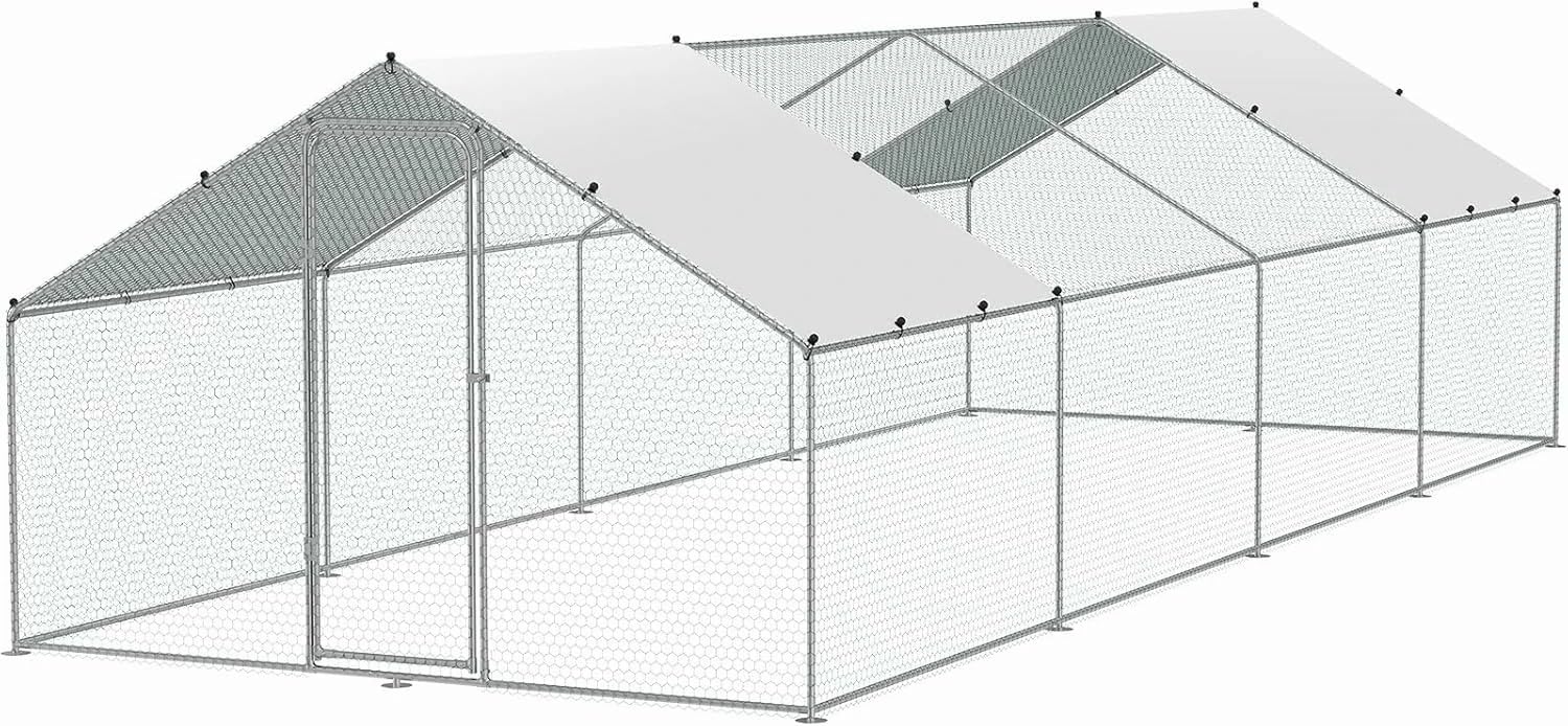 Très Grand Poulailler Extérieur 24 m² en Métal Galvanisé avec Toiture PE Imperméable et Porte Sécurisée – Enclos Grillagé pour Poules, Lapins, Chiens et Divers Animaux – 8 x 3 x 2 m