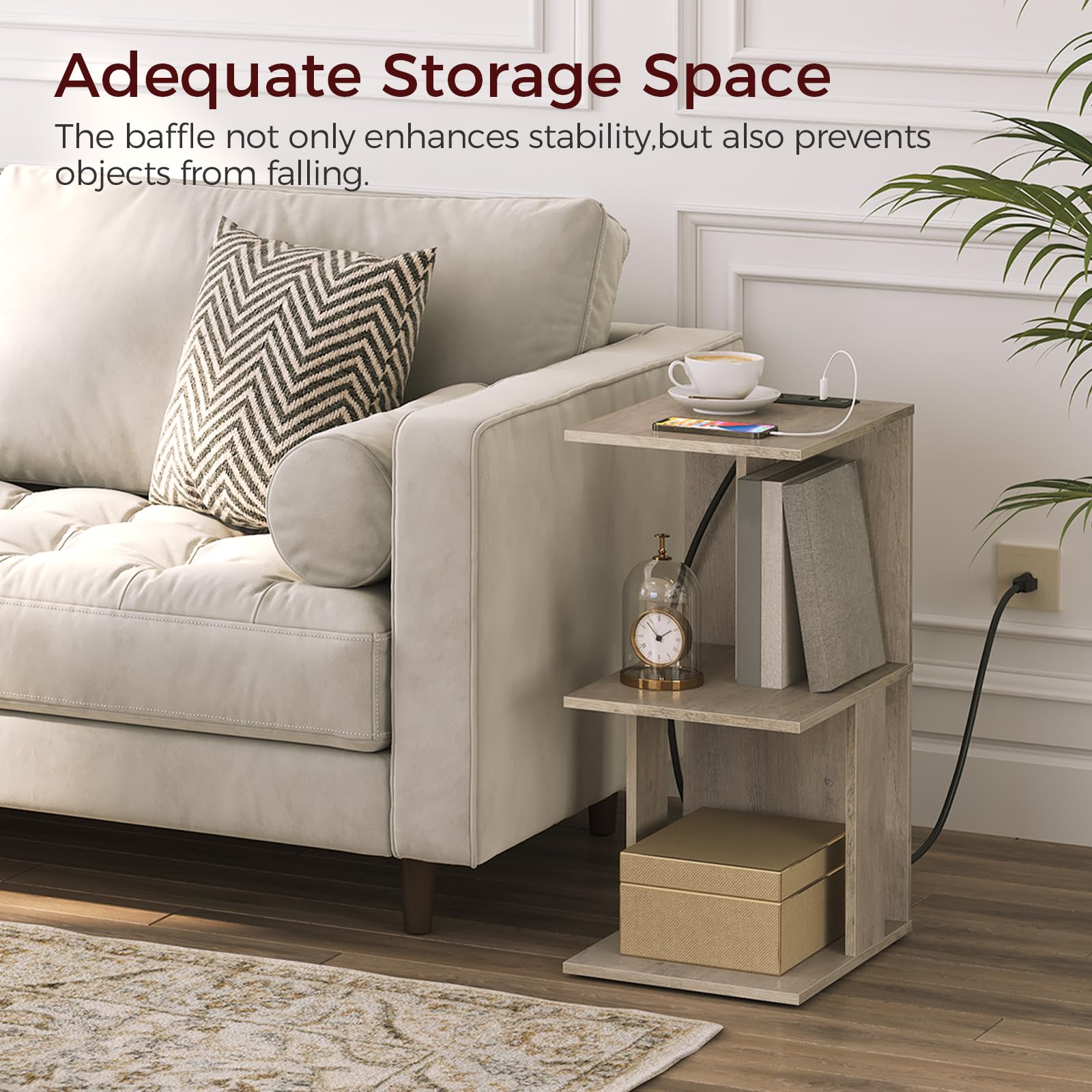 MAHANCRIS End Table with Charging Station, Narrow Side Table for Small Spaces, Sofa Couch Table with Storage Shelf, Slim Nightstand with Light, Beside Table for Bedroom, Living Room, Greige ETHG18E01