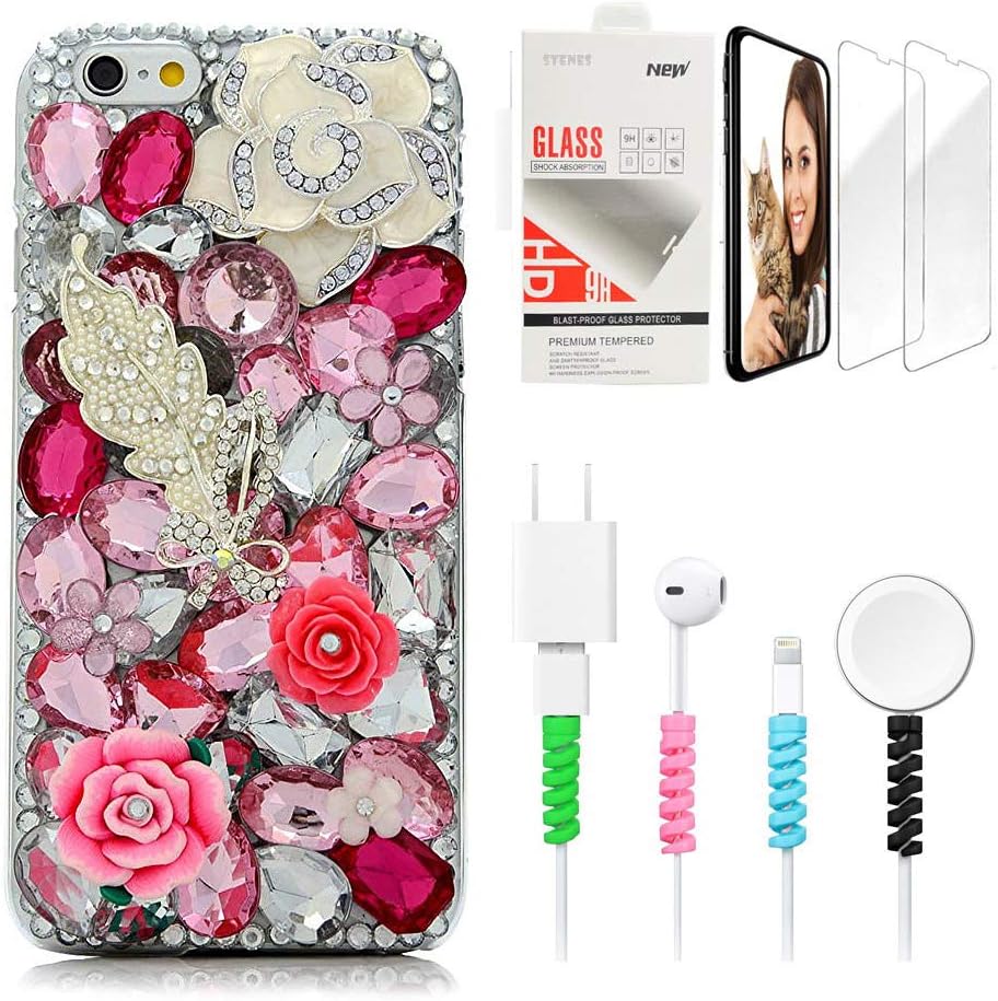 STENES Sparkle Case Compatible with iPhone Xs Max - Stylish - 3D Handmade Bling White Leaf Camellia Rose Flowers Design Cover with Screen Protector & Cable Protector - Pink
