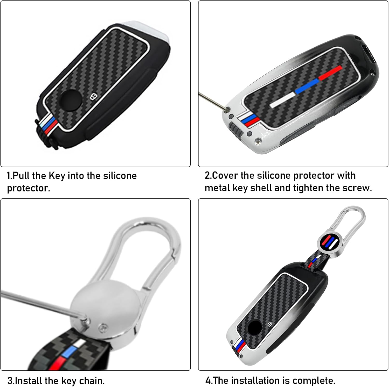 Jaronx Compatible with BMW Key Fob Cover X5 X6 2024/ 2 3 5 7 X1 X7 iX i7 XM 2023-2024, Metal Holder with Carbon Fiber Pattern Silicone Rubber for BMW Key Accessories