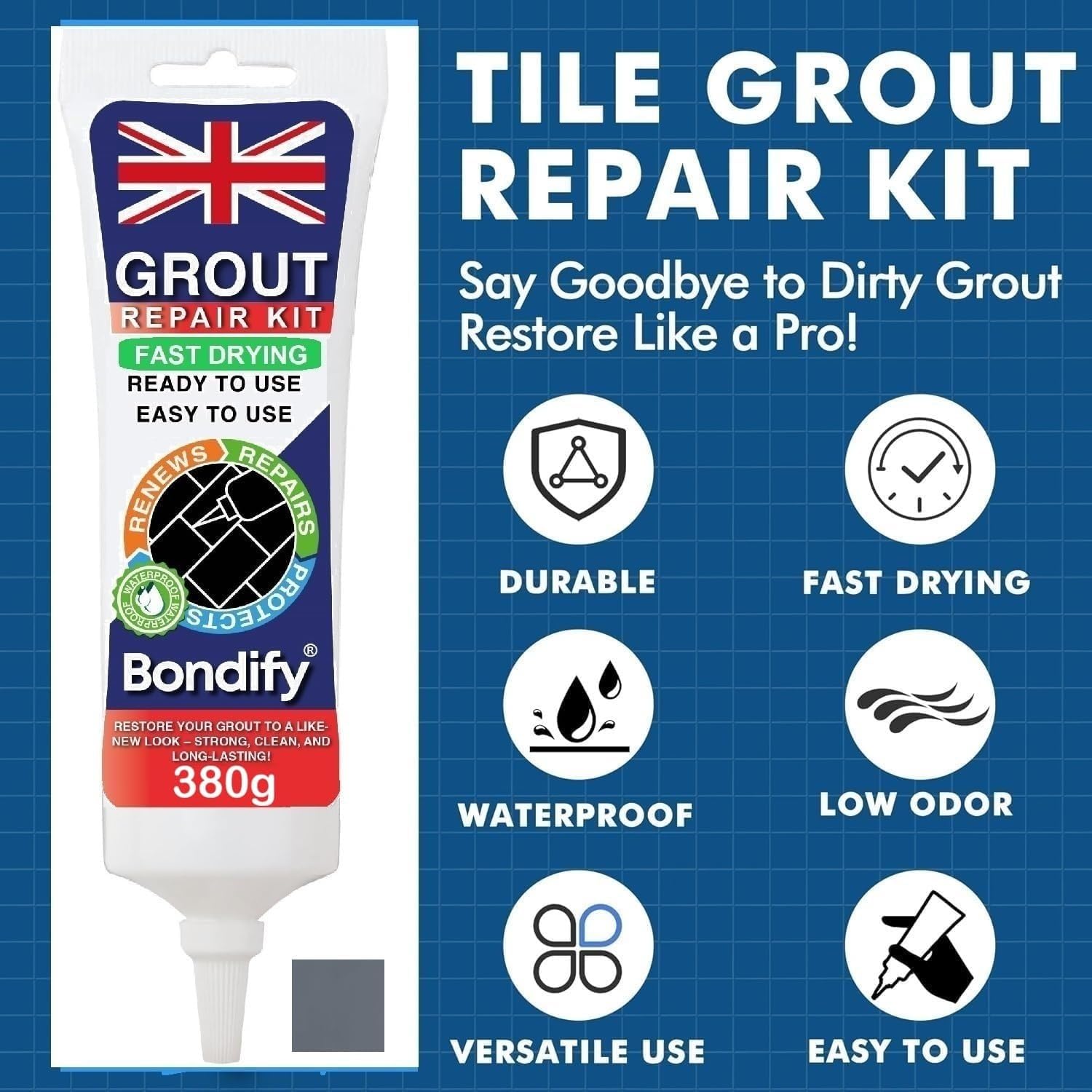 Kit Riparazione Fughe Piastrelle Grigio Scuro, Asciugatura Rapida 380g ANTI-MUFFA Tubetto Stucco per Piastrelle Bagno, Doccia, Grout Repair Kit Stucco per Fughe Pavimento, Sigillante per Malta