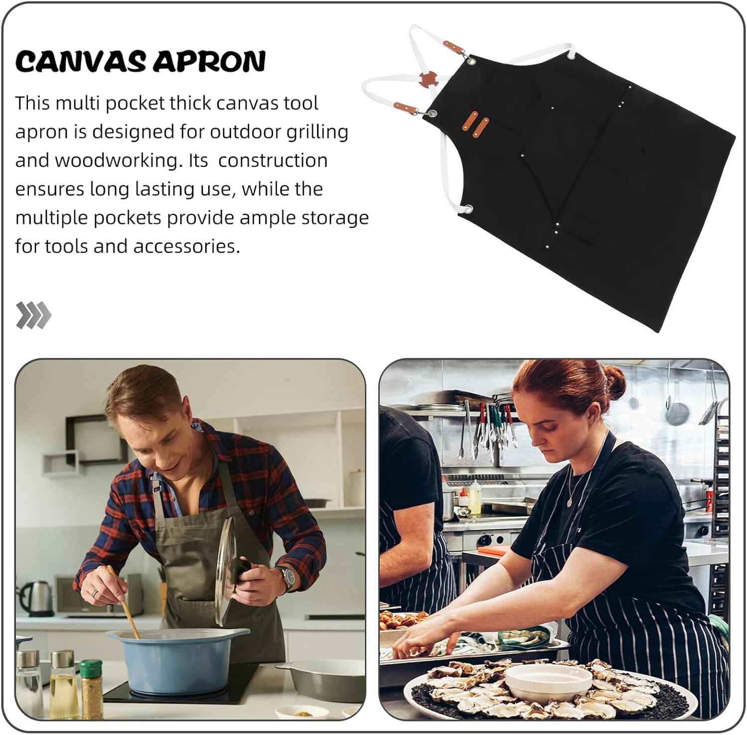 Cabilock Canvas Tool Apron with Multiple Pockets, Thick Heavy-duty Work Apron for Men, Outdoor Bbq, Woodworking and Gardening Use, Black Sturdy Cotton Canvas