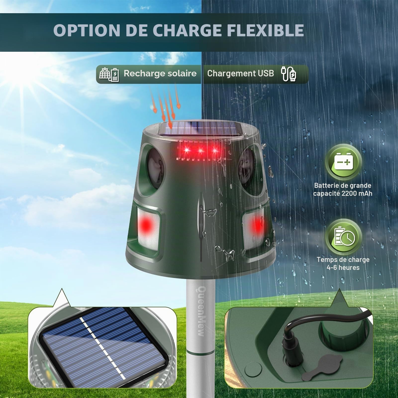 Ultrason Chat Exterieur, Repulsif Chat Ultrason, 5 Modi Einstellbar Marderschreck, Solarladung Ultrason Chat Exterieur, 360° Effektiv für Katzen, Hunde, Vögel, Mäuse