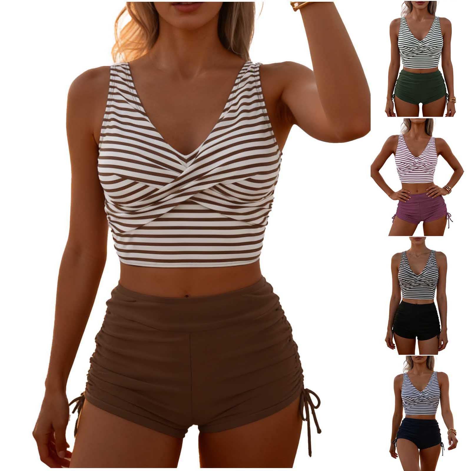 Ruched High Waisted Bikini Sets for Women Twist Front Tank Tops & Side Tie Shorts Matching Tummy Control Bathing Suit