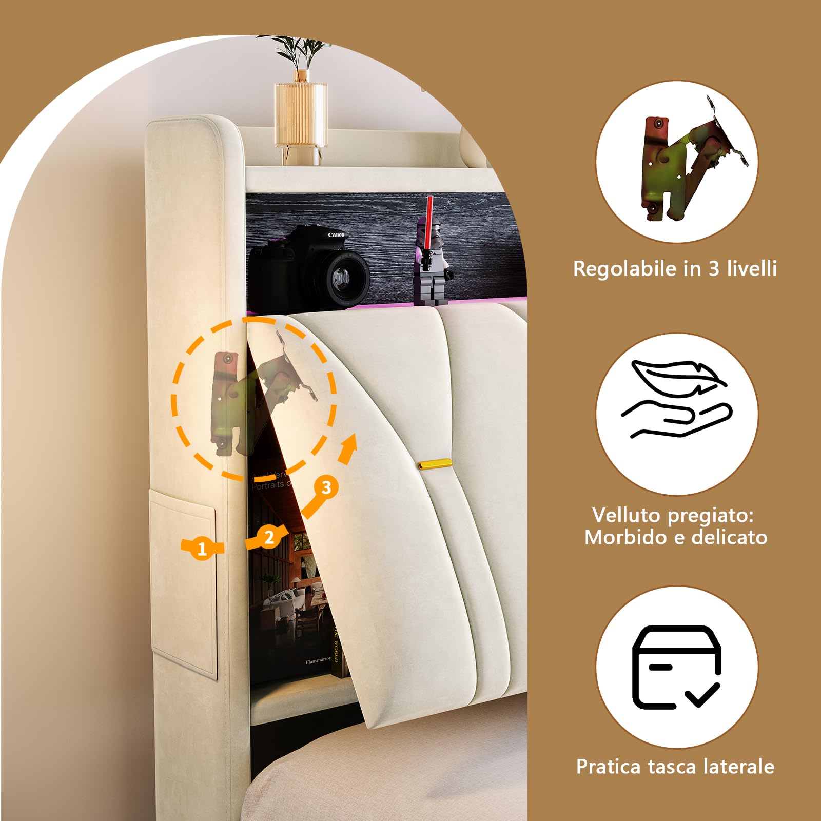 Cama de Matrimonio 160x200 cm con Luces LED y USB, Cama Tapizada con Cabecero Moderno y Somier de Láminas, Estructura de Cama Doble con Puerto de Carga, Beige (Sin Colchón)
