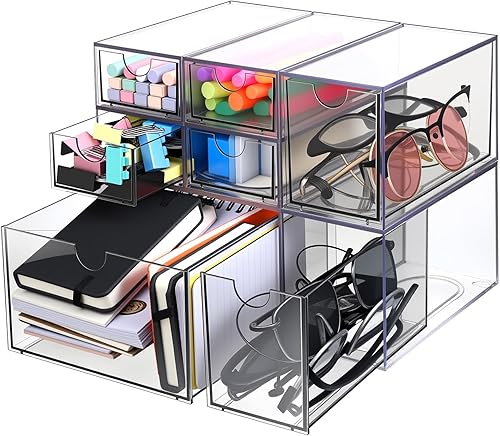 Organizador de escritorio con 7 cajones, paquete de 7 cajones de almacenamiento de escritorio apilables de acrílico, organizador de maquillaje, caja