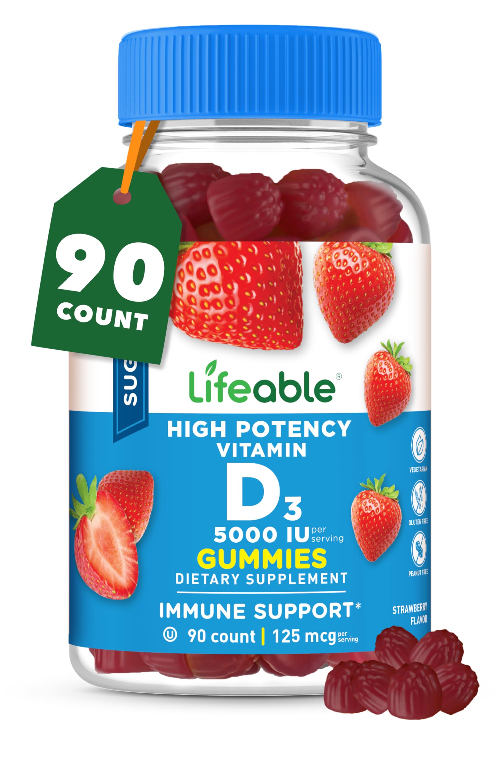 Lifeable Sugar Free Vitamin D Gummies for Women and Men, 5000 IU, 90 Count 90 Count (Pack of 1)