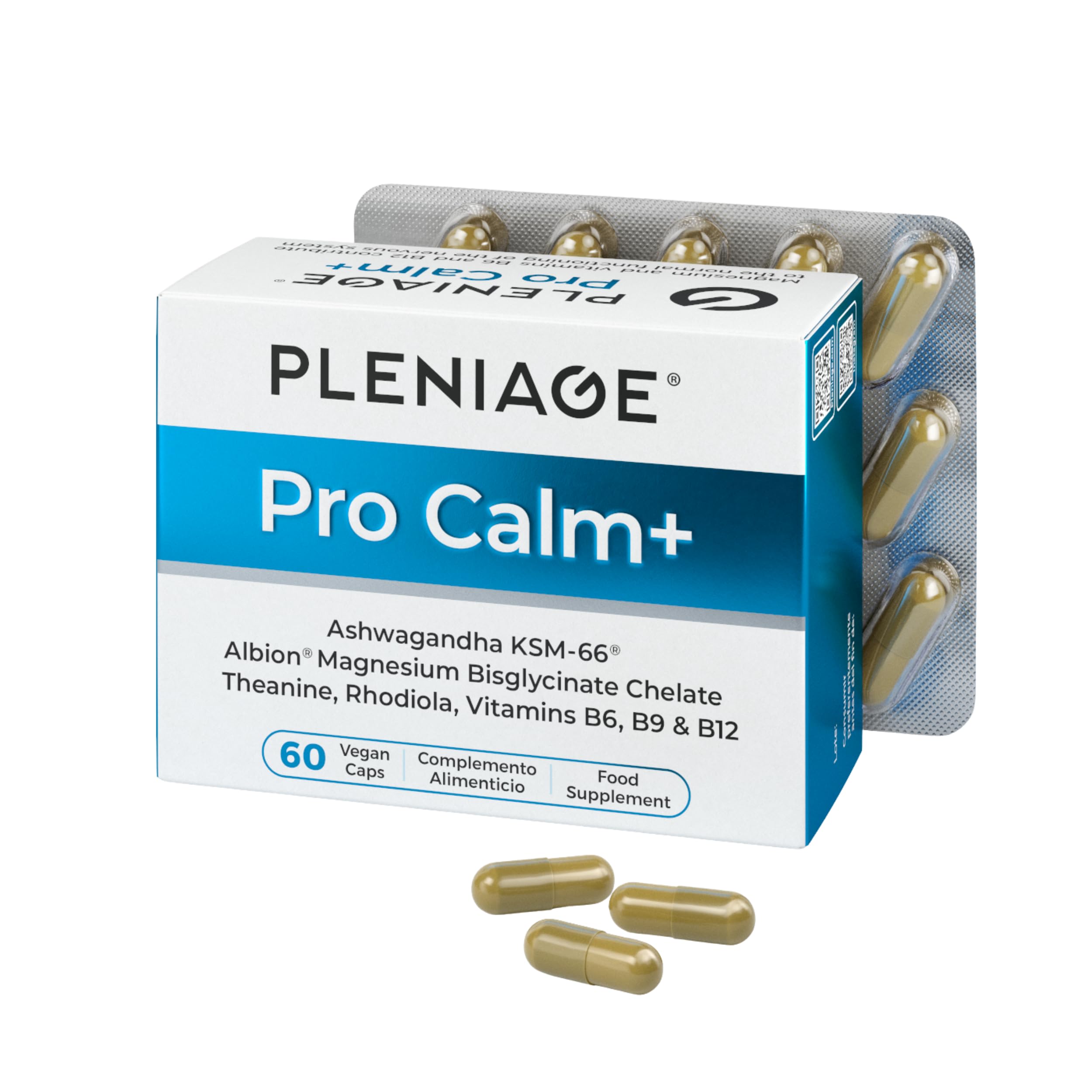 Pro Calm+ | Ashwagandha KSM-66 y Magnesio | 60 Cápsulas | Con Magnesio Bisglicinato Albion TRAACS, Rhodiola y vitaminas B6, B9, B12. Clean Label sin EGCG. Equilibrio emocional.