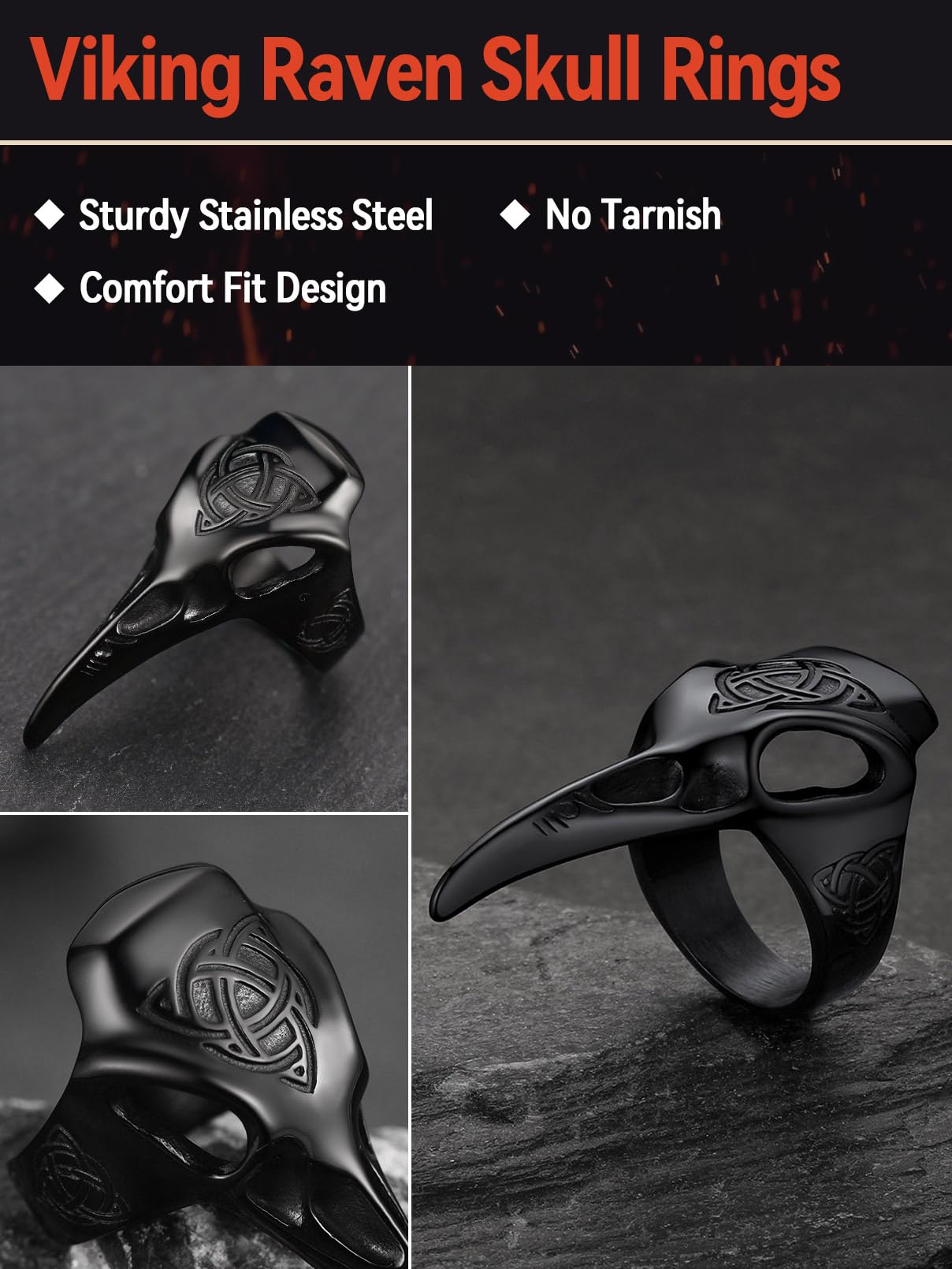 FaithHeart Punk Animals Rings for Men, Gothic Viking Raven/Octopus Stainless Steel Ring Cool Statement Rings with Gift Box: 02. Raven with Compass-Silver 9